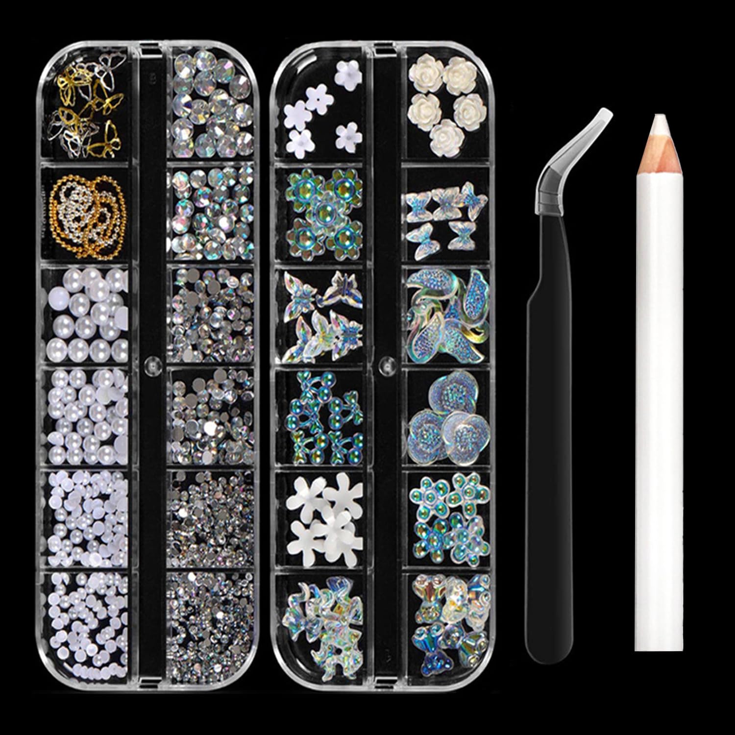 Nail Art Rhinestones & Charms Kit with Precision Tweezer & Wax Pencil, 700PCS 3D Nail Gems Including Pearls, Flower