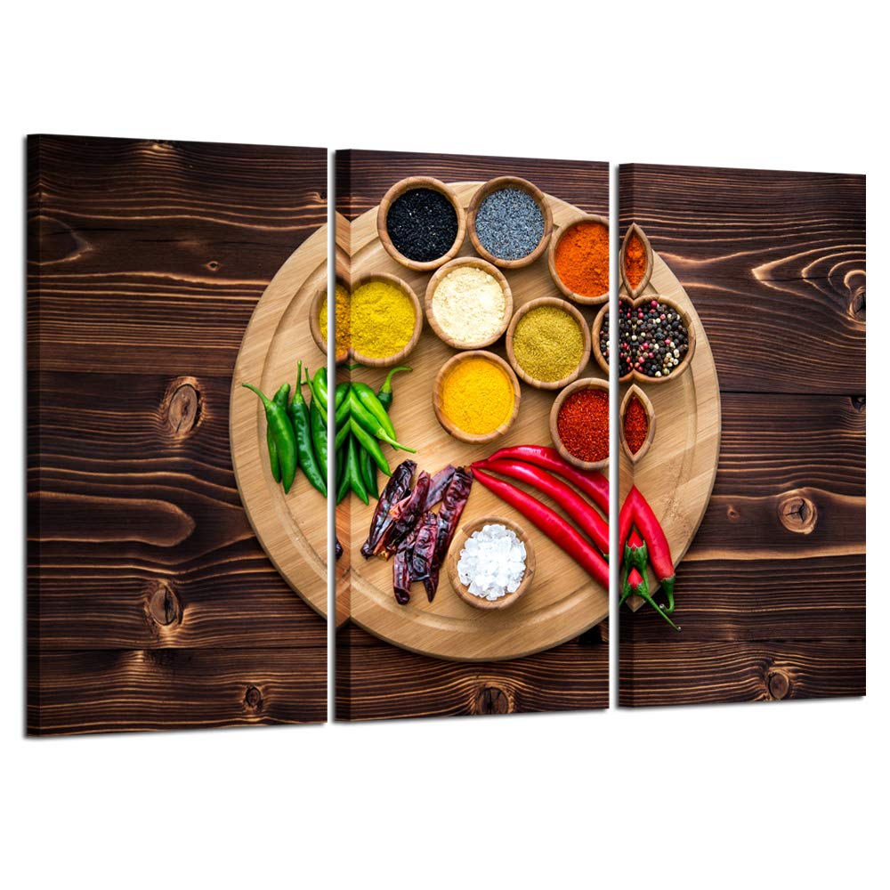 Kreative Arts Large 3 Pieces Kitchen Pictures Wall Decor Colorful Spice Vintage Canvas Wall Art Food Photos Painting on Canvas Prints Stretched Framed Home Decoration Ready to Hang 16x32inchx3pcs