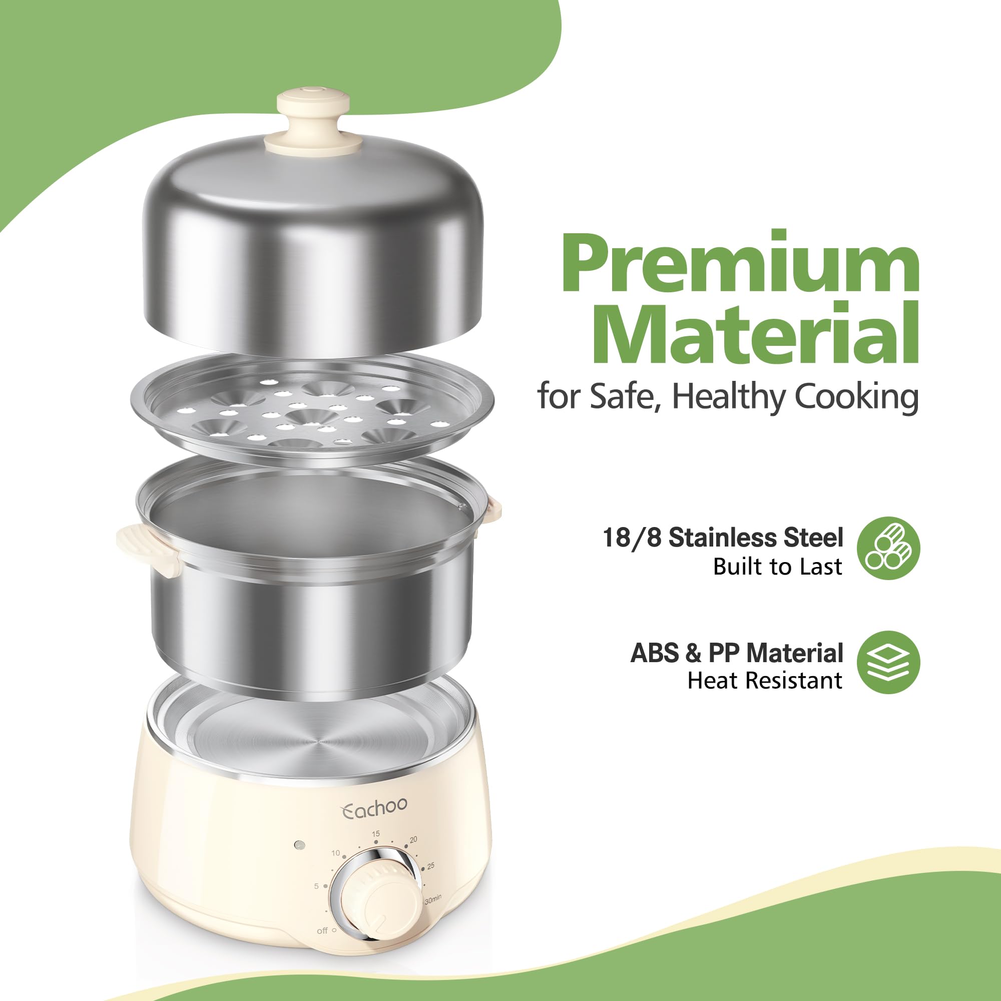 Hard Boiled Egg Cooker - CACHOO 14-Egg Rapid Stainless Steel Egg Boiler with 30-Min Timer & Auto Shut Off, Compact Electric Vegetable Steamer for Cooking, Dishwasher Safe, Beige — view 2