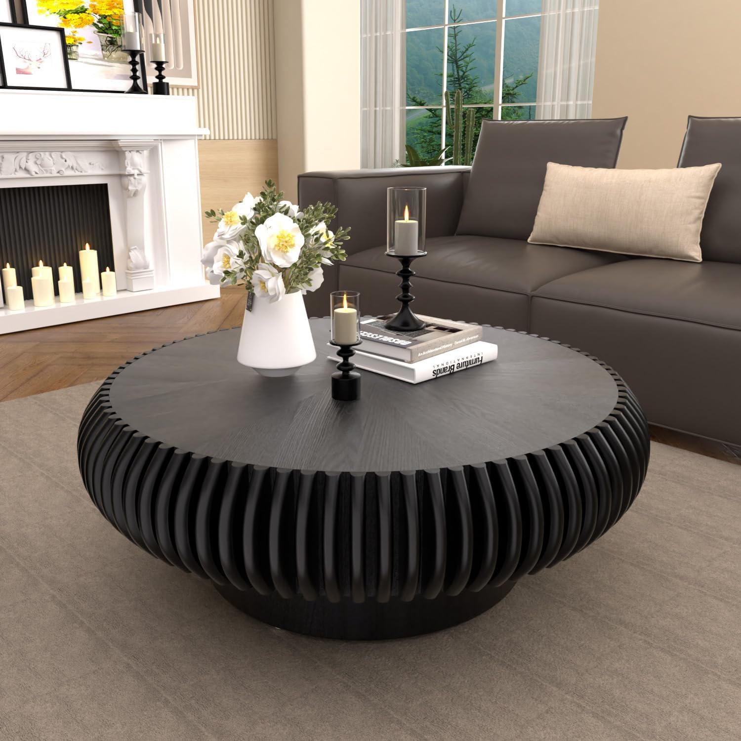 31.5" Drum Coffee Table Modern Unique Fluted Tea Table Contemporary Wood Round Coffee Table with Fluted Centry Table for Living Room Walnut (31.5"