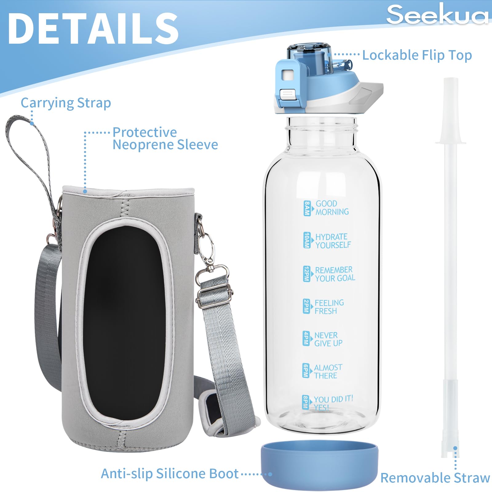 Amazon.com: Seekua 48 oz Large Sports Glass Water Bottle with Straw & Time  Marker, Motivational Daily Glass Drinking Bottle with Strap for Fruit  Infused Water, Smoothie, Coffee : Sports & Outdoors