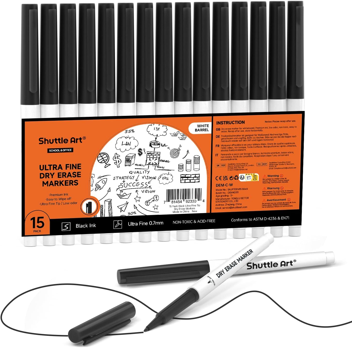 Shuttle Art Ultra Fine Tip Whiteboard Pens, 15 Pack Black Whiteboard Markers Erasable, 0.7mm Felt Tip Dry Wipe Markers for Writing on Whiteboards, Dry-Erase Boards, Planner for School Office Home
