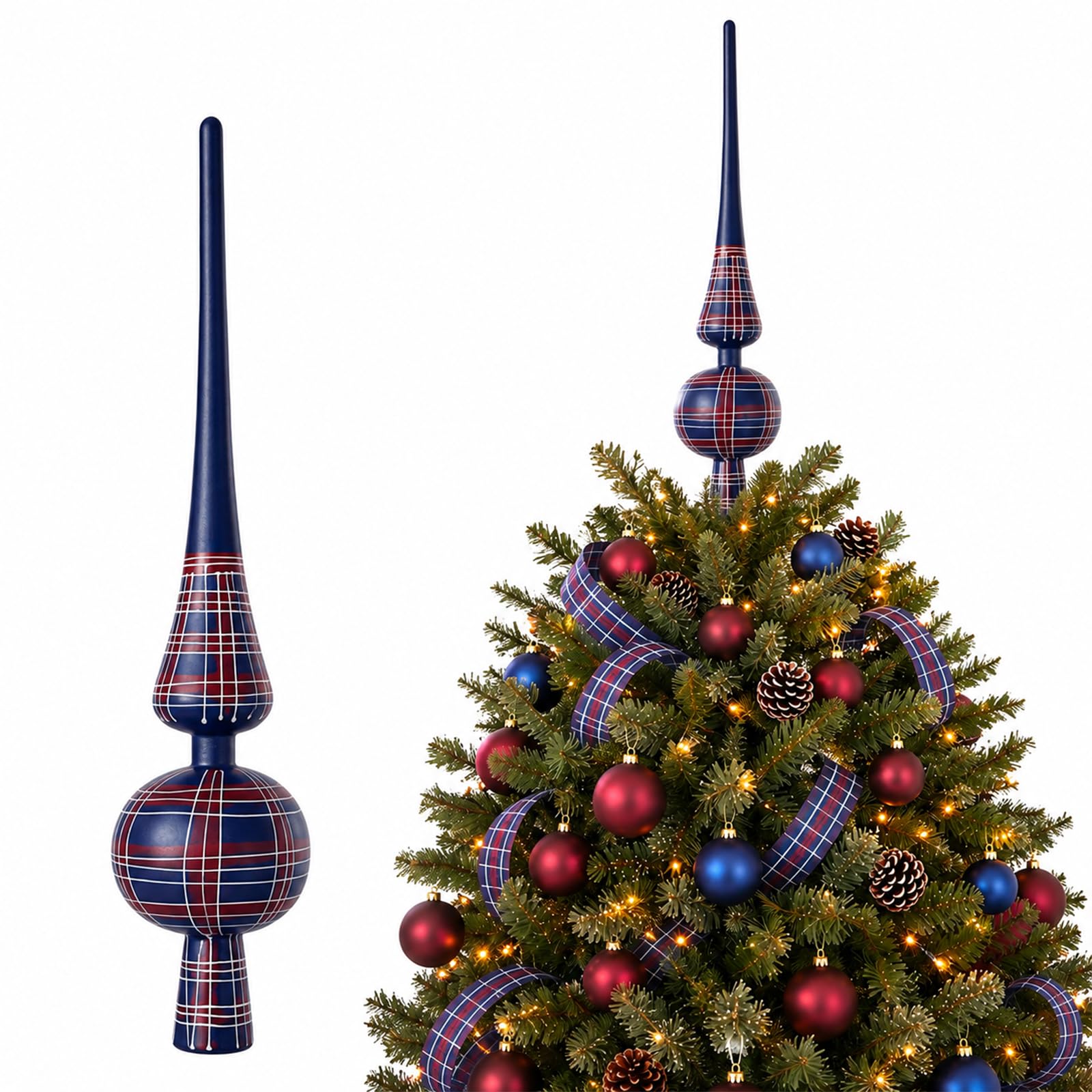 12'' Vintage Navy Blue Tartan Christmas Tree Topper Double Gourd