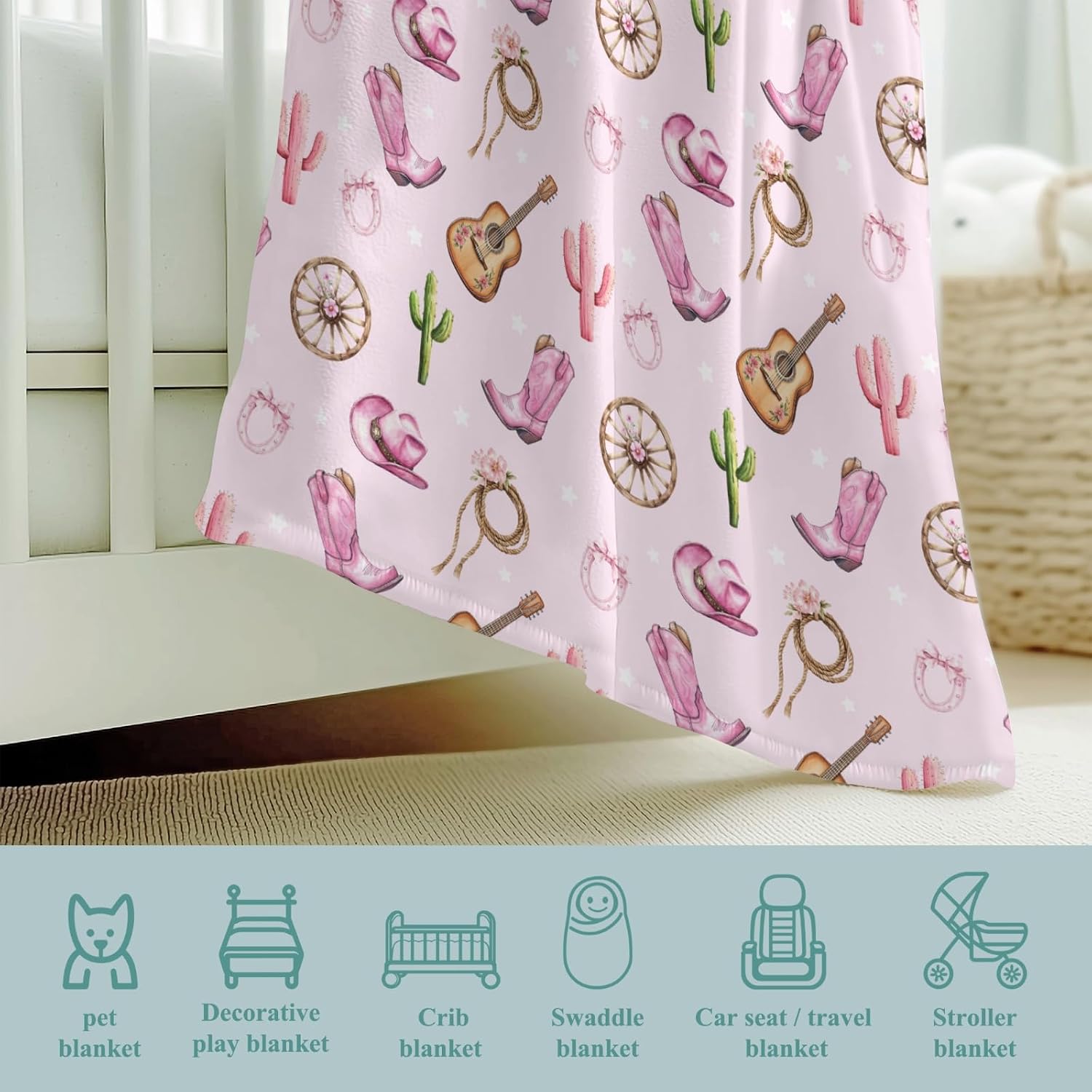 Cute Pink Western Cowgirl Hat Boot Cactus Baby Boy Girl Blankets Guitar Bows Wildflowers Swaddle Blankets Wild West Flannel Receiving Blankets Breathable Toddler Infant Newborn Blanket Boot 40x50inch