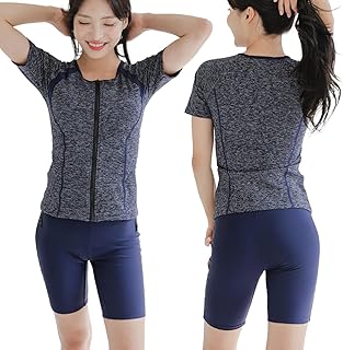 [ＺＡＩＤＥＡ] 大きいサイズ フィットネス 水着 レディース セパレート 半袖 上下セット めくれ防止 スクール UVカット ファスナー 袖付 体型カバー カップ付