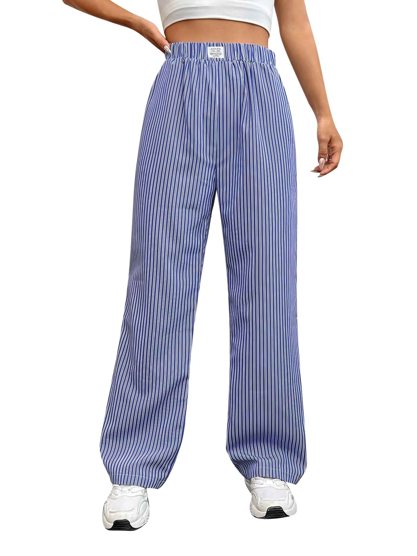 OYOANGLE Women's Striped Print Pants Y2K Straight Wide Leg Pants Streetwear Letter Patched Detail，High Waist，Striped Pants with Pockets，Summer Comfy Loose Lounge Pants