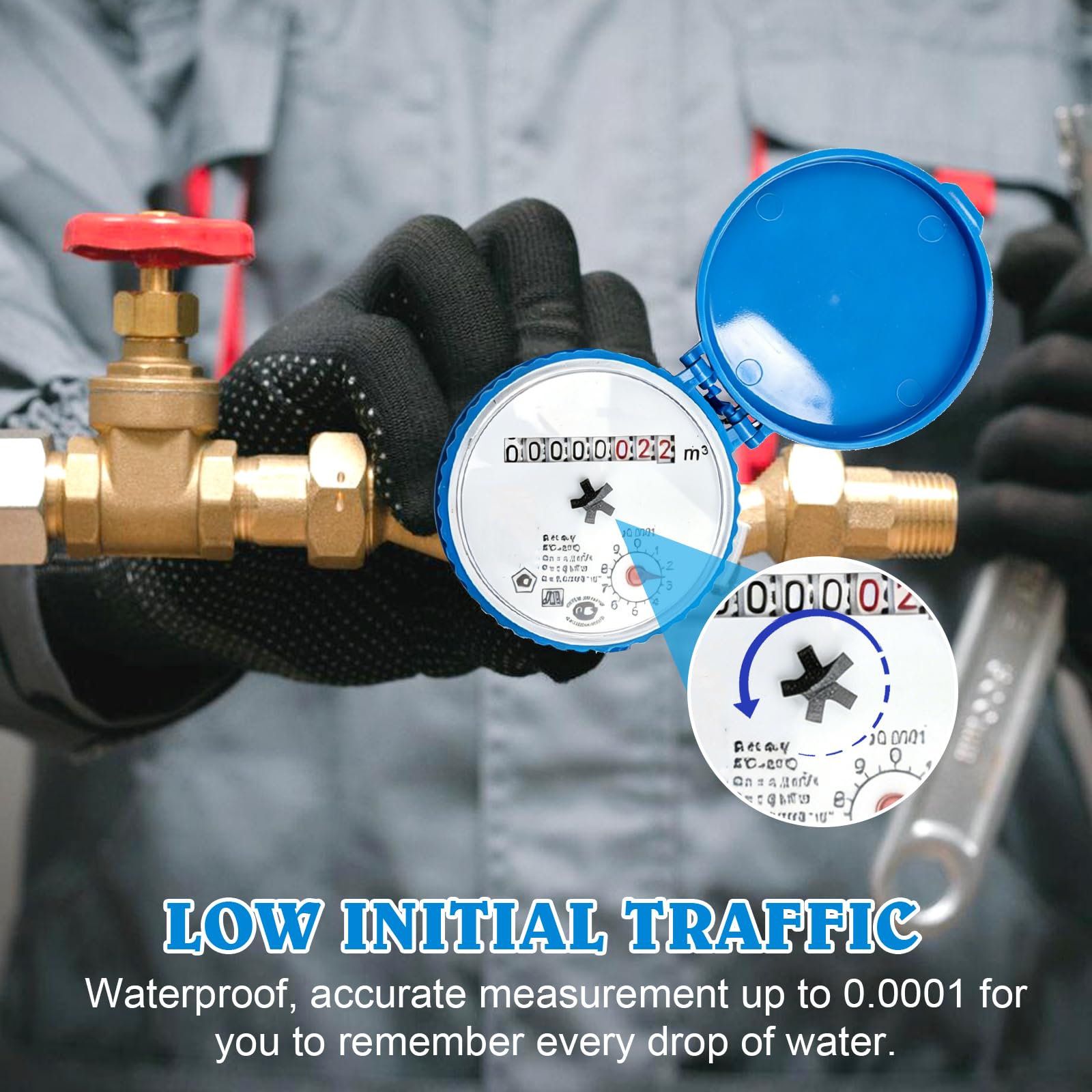 Compteur d'eau: 1/2 Pouce Horloge à Eau Froide, Compteur De Robinet avec Couvercle De Protection Et Connecteur en Laiton pour La Maison Le Jardin Et Un Usage Domestique (Bleu)