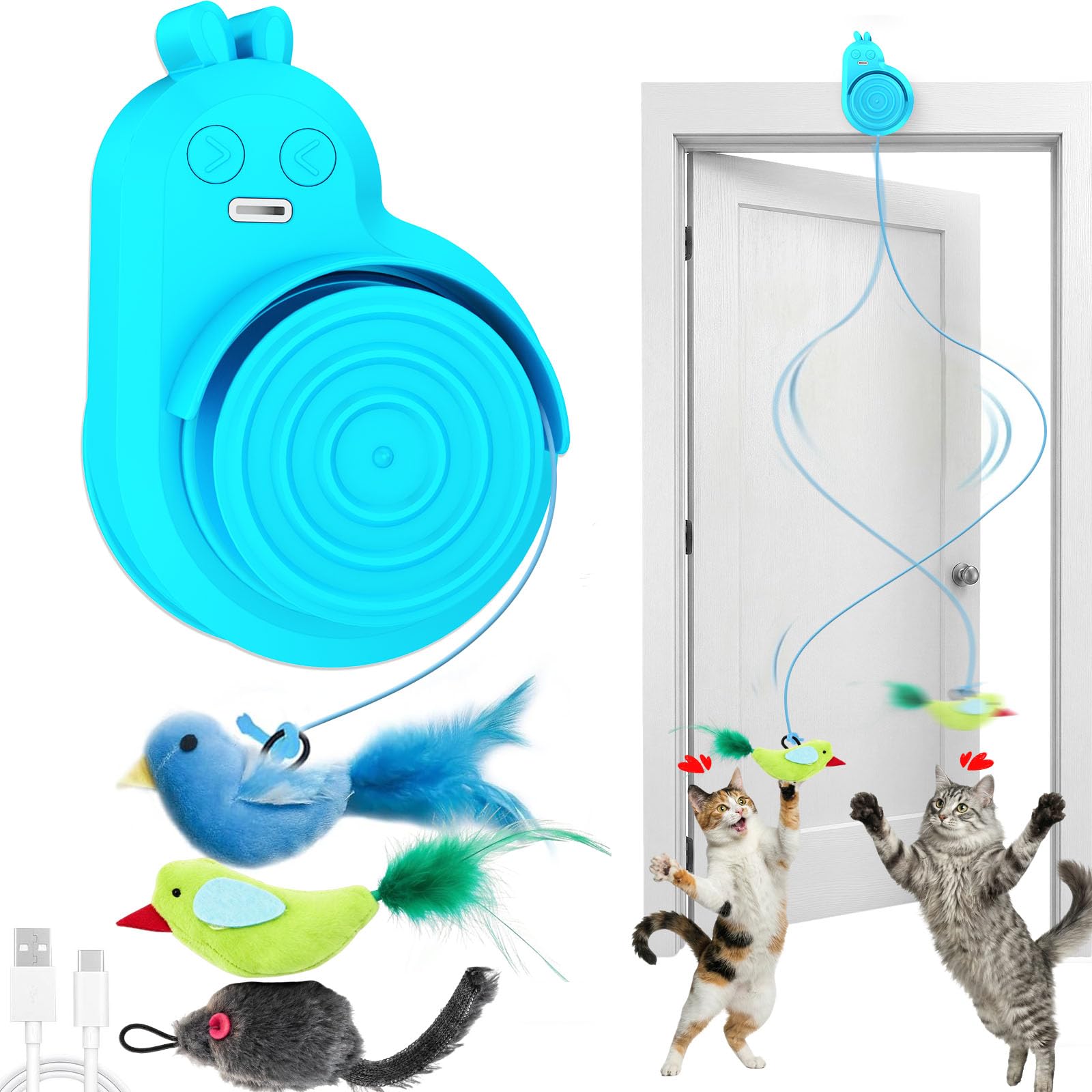 Interactive Cat Toys for Indoor Cats: Automatic Electric Flying Bird Feather &amp; Mouse Wand, Rechargeable Electric Hanging Play Chase Exercise Moving Enrichment Toy for Bored Kittens and Adult Cats