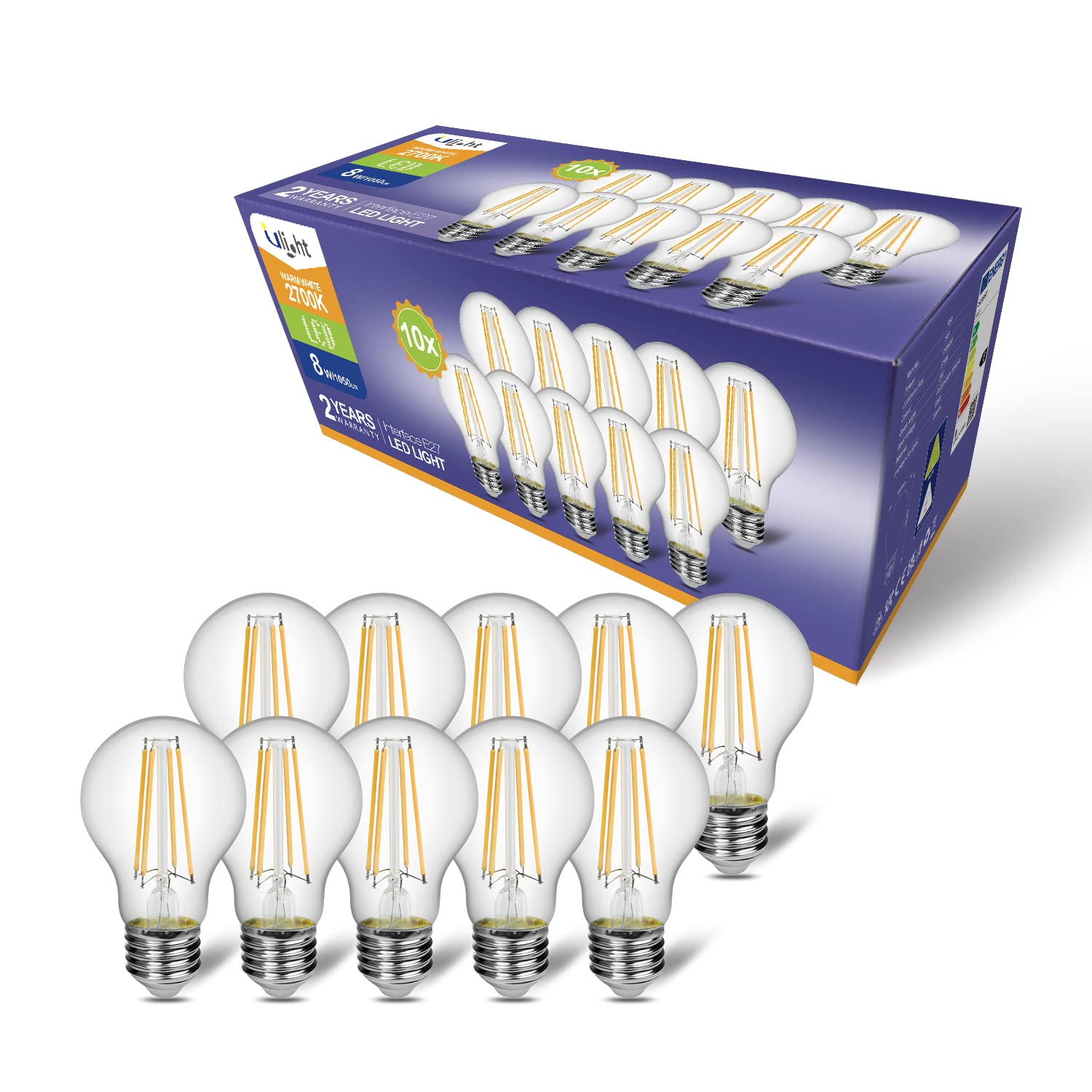 ULIGHTA60 Light Bulb 80W Equivalent, Warm White Light 2700K, 1050 Lumen, Energy Saving Light Bulbs, Beam 170 °, 220-240V E27 Socket, 10 Pack