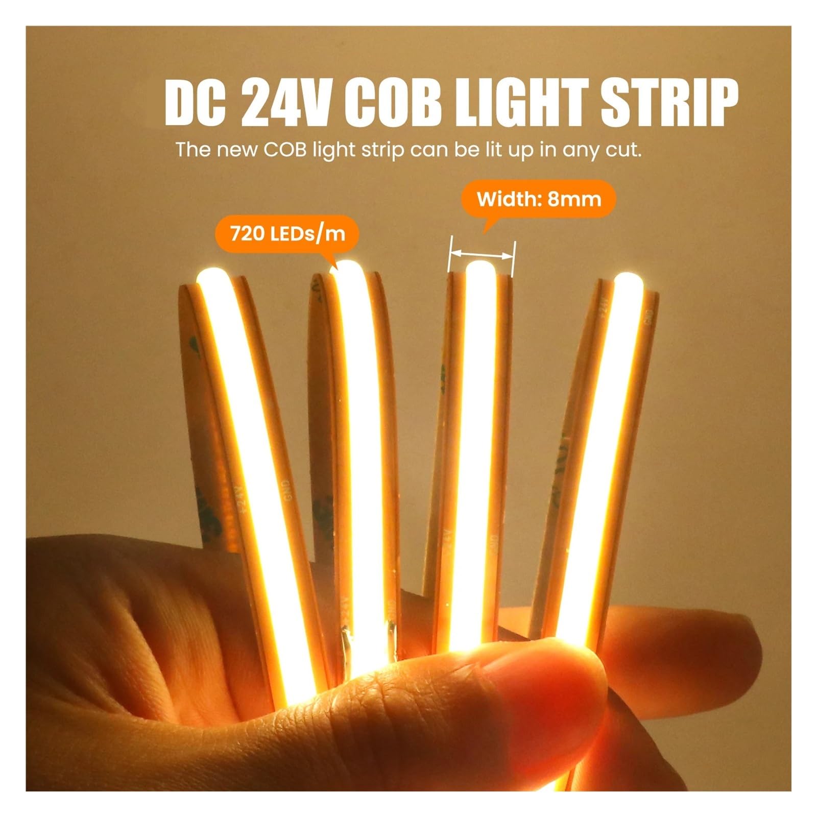 Striscia LED COB autoadesiva 24V ad alta densità tagliabile(White with DC,12m)