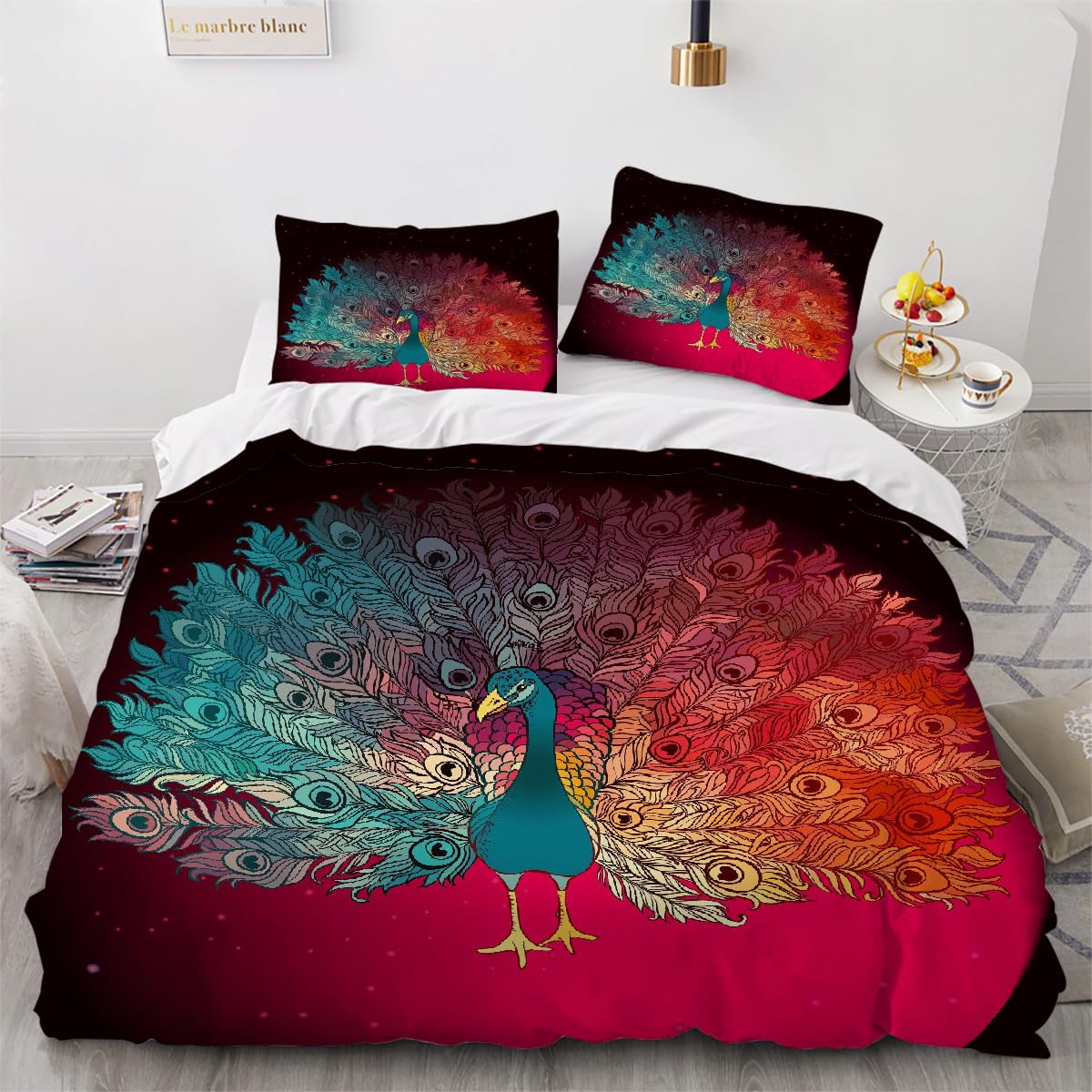 Housse de couette paon 140x200 anti-glissement avec zip facile