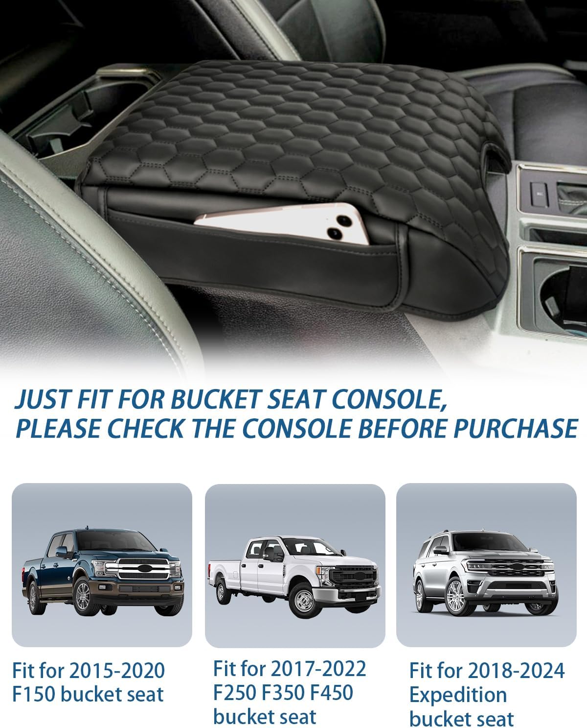 Center Console Cover Compatible with 2015-2020 F150, 2017-2022 F250 F350 F450, 2018-2024 Expedition Bucket Seat Console, 1.2'' Thickened Middle Console Cover with Pockets(Bucket Seat Only)