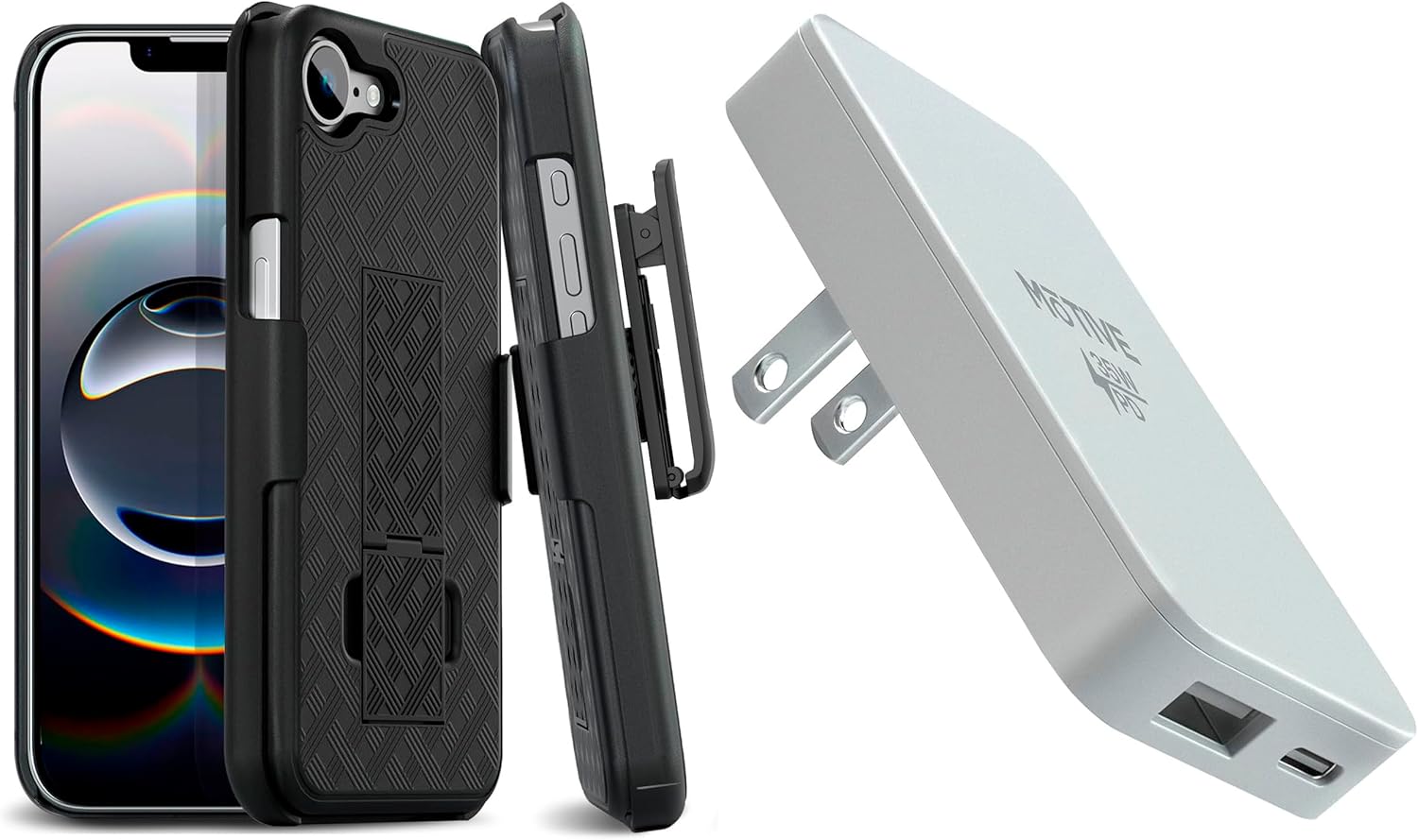 MOTIVE Designed for iPhone 16e Case with Belt Clip & Flat Wall Charger 35W, Shell Holster Combo for Apple iPhone 16 e, Super Fast Charger USB C & USB A