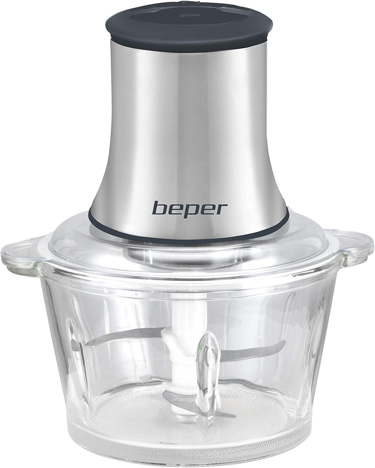 BEPER P102ROB001 Picador de vidrio, Recipiente de vidrio, Cuerpo Abs, Doble par de cuchillas de acero, 2 velocidades, Base antideslizante, Capacidad 1.5L, Gris / Negro