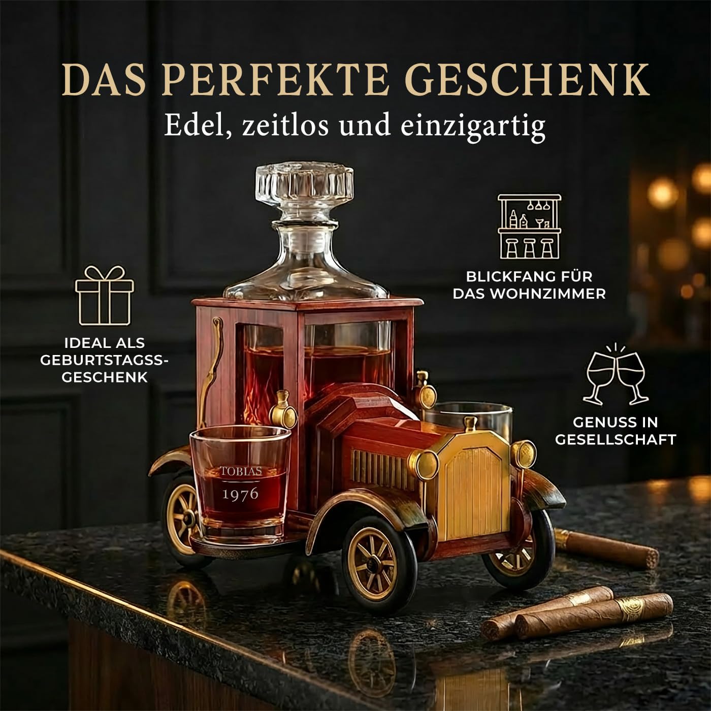 Maverton Vintage Auto Dekanter Set - 900 ml Karaffe & 2 personalisierte Whisky Gläser in Holzwagen - Whiskey Geschenkset - personalisierte Geschenke zum Geburtstag - Geschenke für Männer