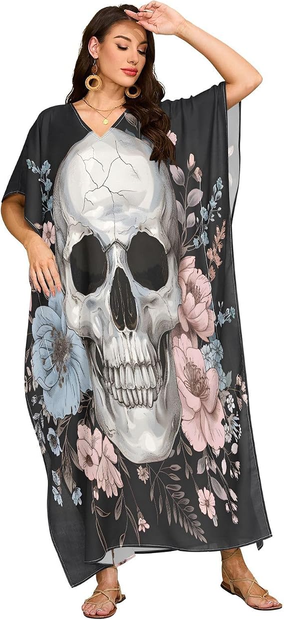 ALAZA Skull Head Flower Women Kaftan Dresses V-Neck Moo Moos Plus Size Beach Cover Ups, One Size