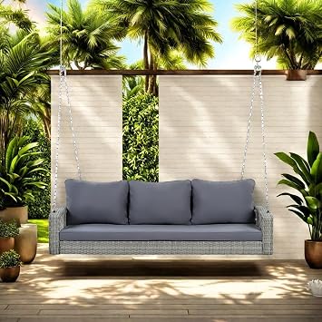 3 Person Porch Swing Patio Wicker Hanging Porch Swing Chair, 69" PE Wicker Outdoor Rattan Swing Bench, Gray