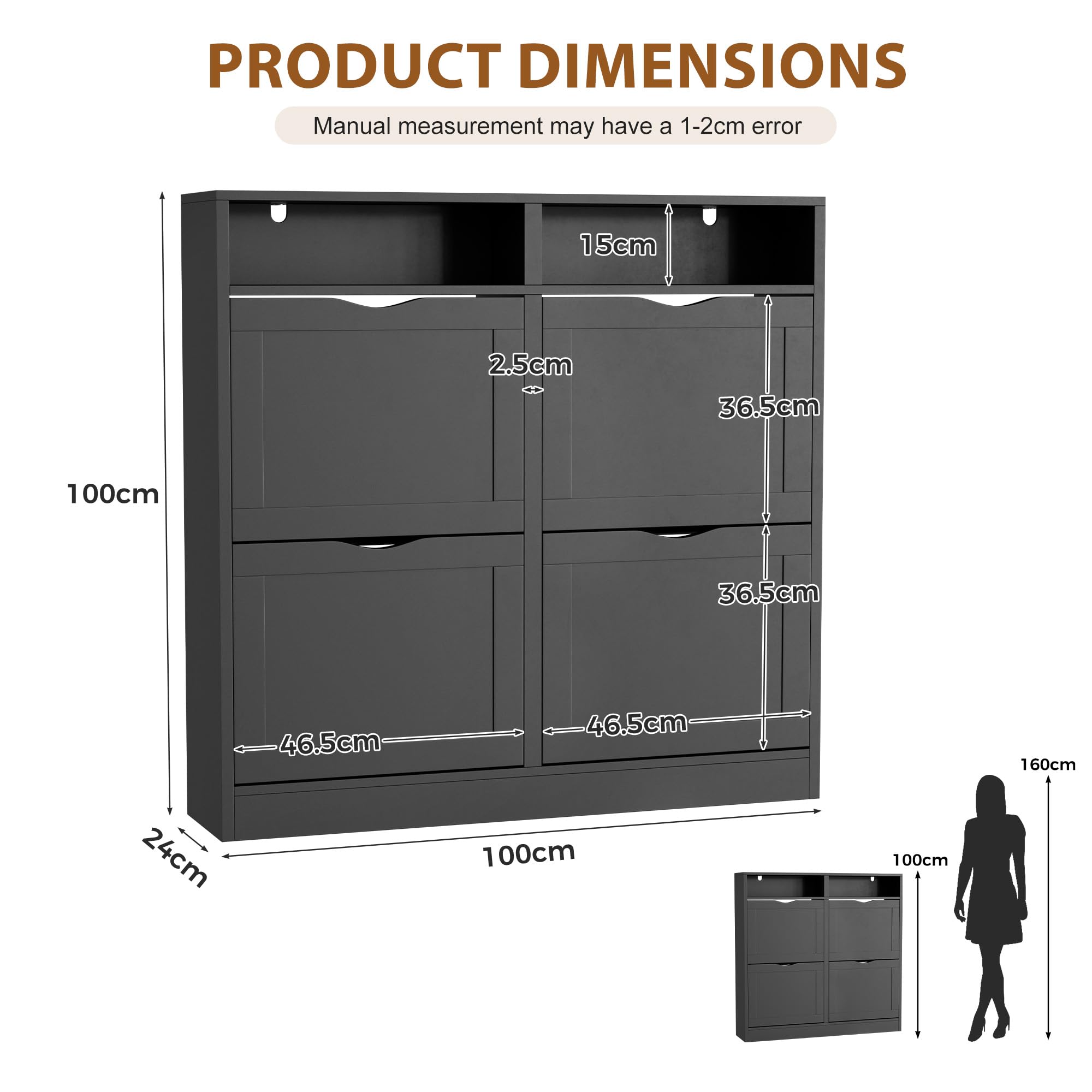 ELUCHANG Schuhschrank schmal mit 4 Klappen / 8 Ablagen, Platzsparender Schuhkipper Schuhkommode, Geschlossen Schuhregal, Shoe Cabinet Flurschrank für Diele/Flur/Garderobe, Schwarz
