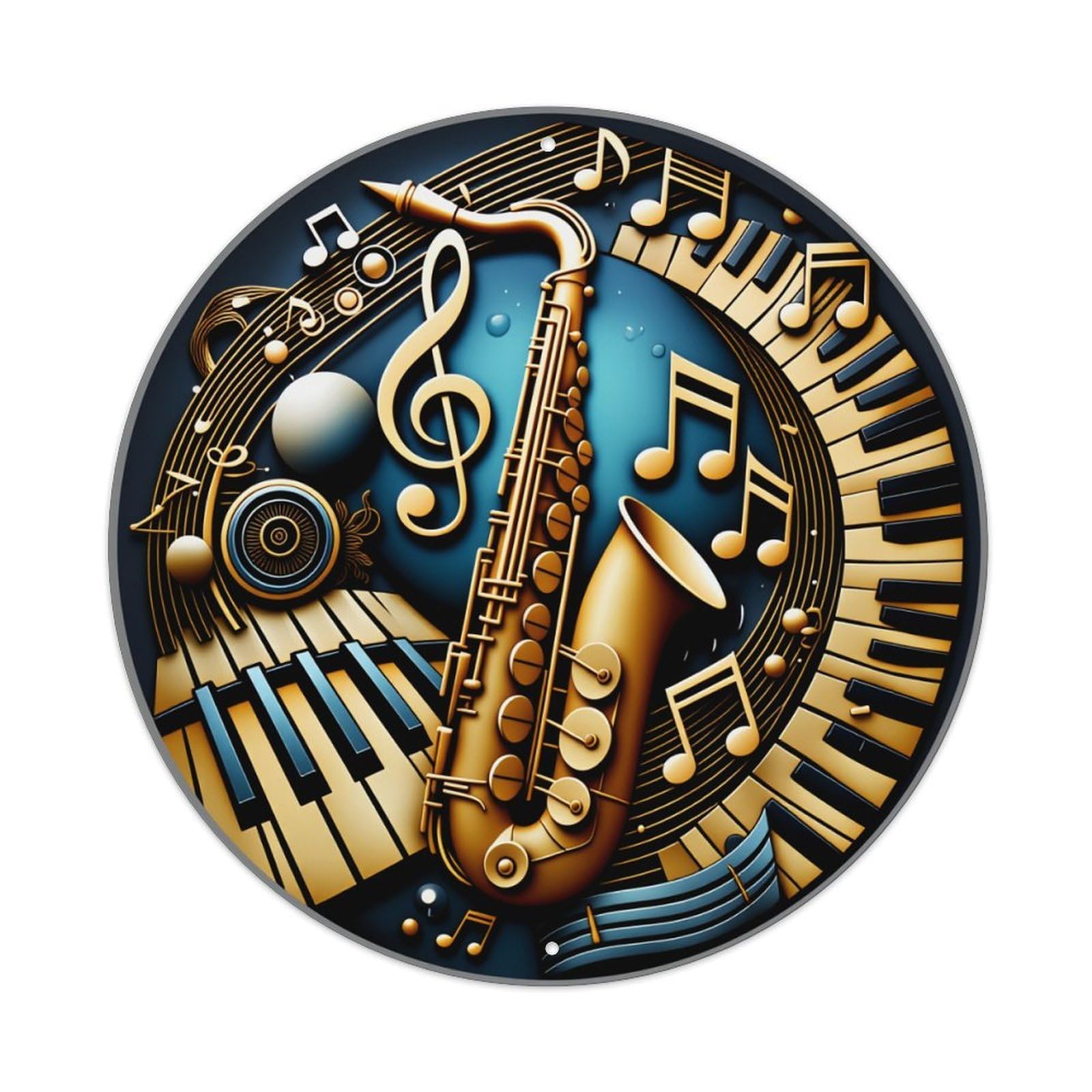 Wmlzdnwr Vintage Music Notes Piano Saxophone Treble Clef Keys Round Tin Sign,Retro Wall Art,Metal Poster For Home, Bar, Garage, Cafe, Rustic Indoor & Outdoor Decor, 8X8 Inches