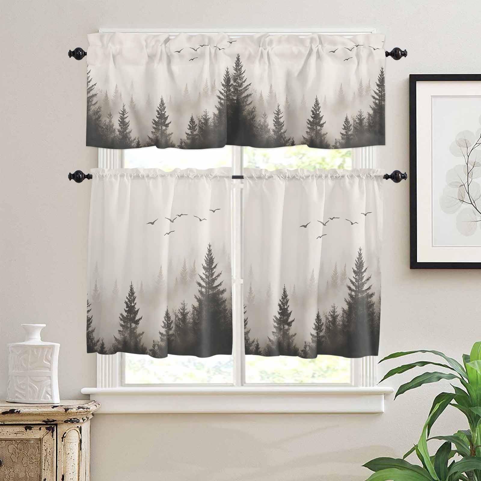 Gray Mist Forest Kitchen Curtains 24 Inch Length,3 Piece Rod Pocket Small Half Tiers and Valance Set,Vintage Trees Birds Natural Landscape Small Large Window Treatment Decor for Bedroom/Bathroom Sink