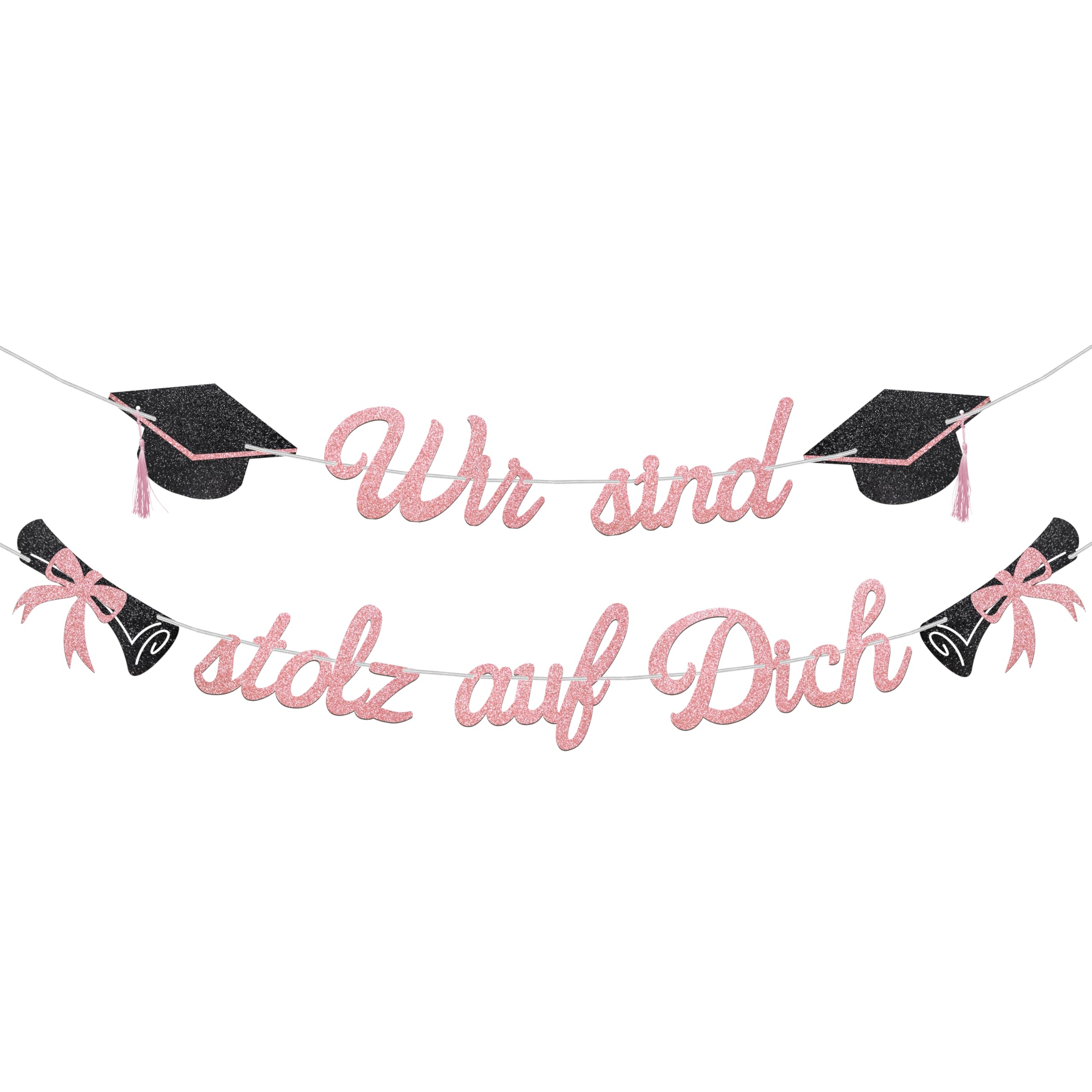 Glitzer 2026 Graduation Deko Girlande, Wir sind stolz auf Dich Abschluss Deko Banner, Bachelor Hut Hängedeko für Abitur, Bachelor und Master Graduation Abschlussparty Dekoration (Rose Gold W)