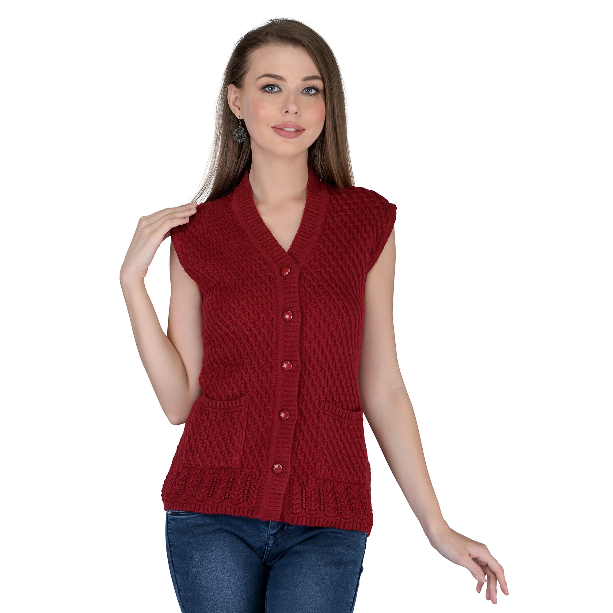 lady willington Women Woolen Cardigan Sleeveless Self Design Cardigan Rainbow Fabric Winter Wear Pure Wool Cardigan 100% Rainbow Wool Free Size Cotty Fully Warm with Front Pockets (M, Maroon)-picture-40