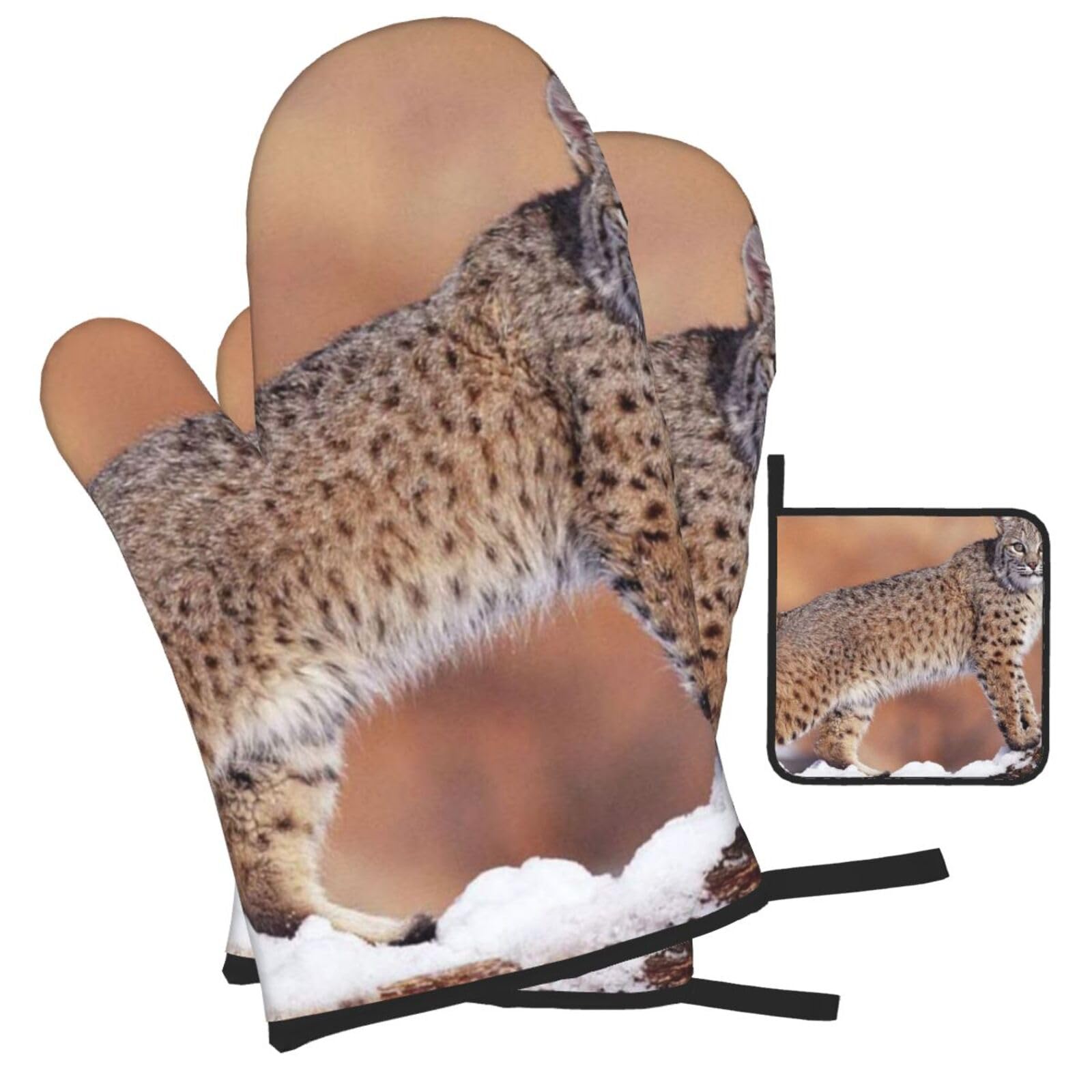 Canada Lynx Printed Oven Mitts and Pot Holders Heat Resistant Set of 3 Pcs, Modern Kitchen Gloves & Potholders for Cooking Baking Grilling