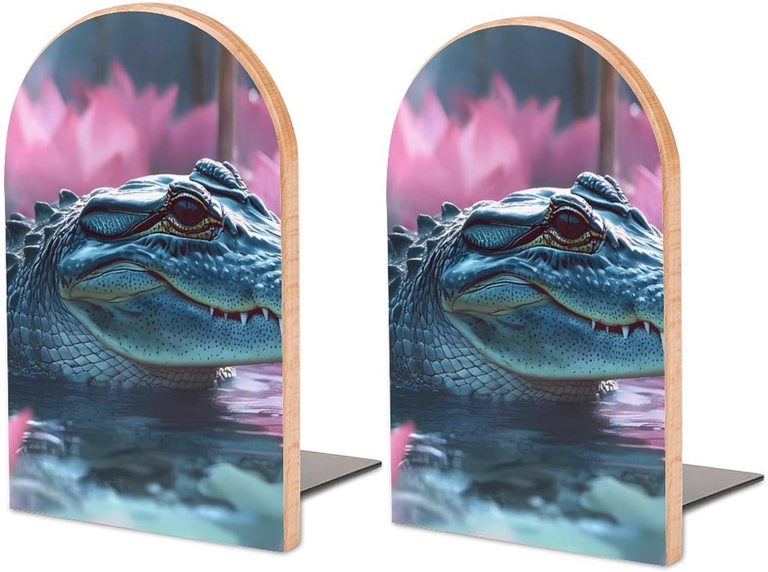Crocodile in Water Cute Wood Book Ends Decorative Bookends 1 Pair Non-Skid for Shelves Home Office 7 X 5 Inch