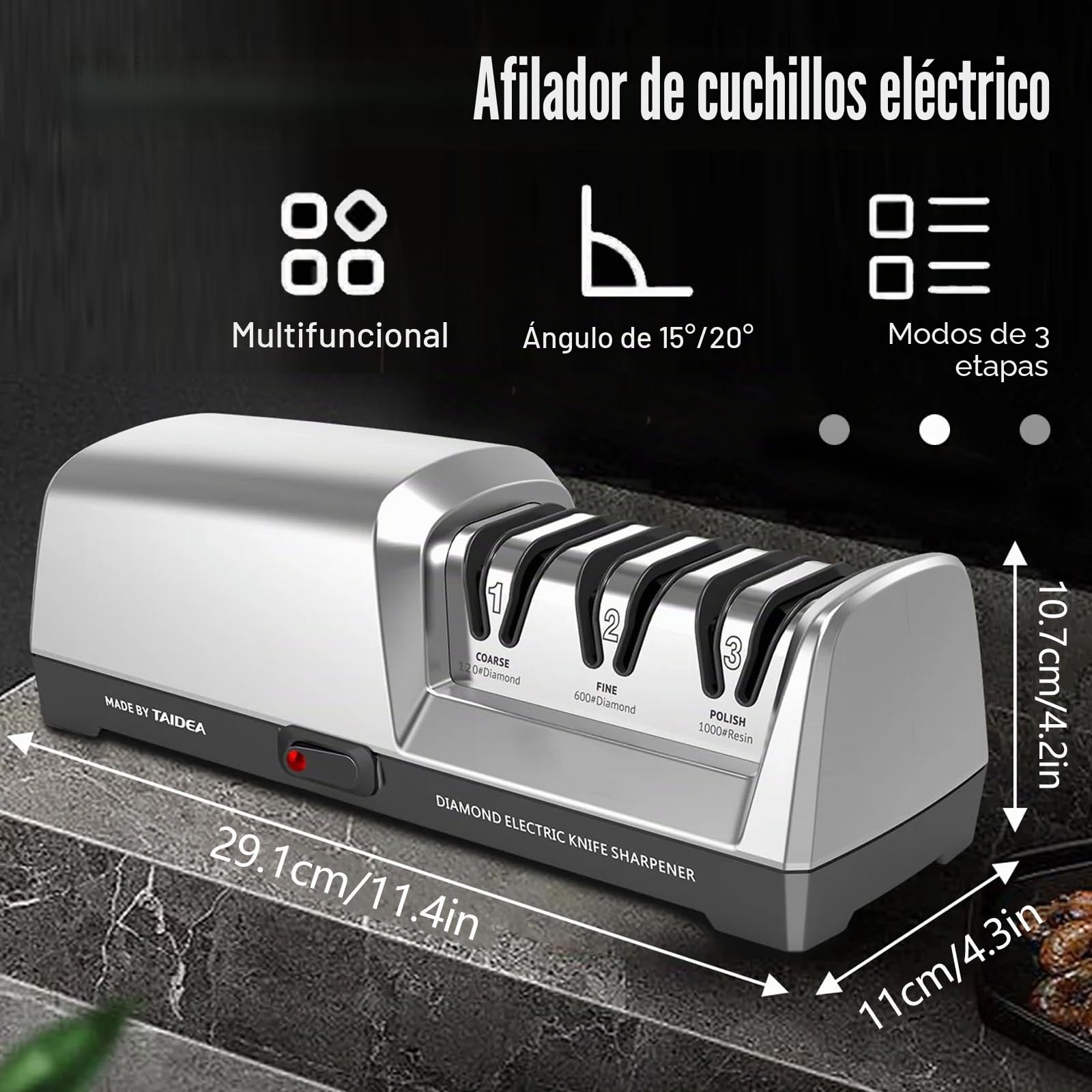 Afilador de cuchillos eléctrico, afilador de cuchillos de diamante de 3 etapas para afilar, reparar y afilar cuchillos