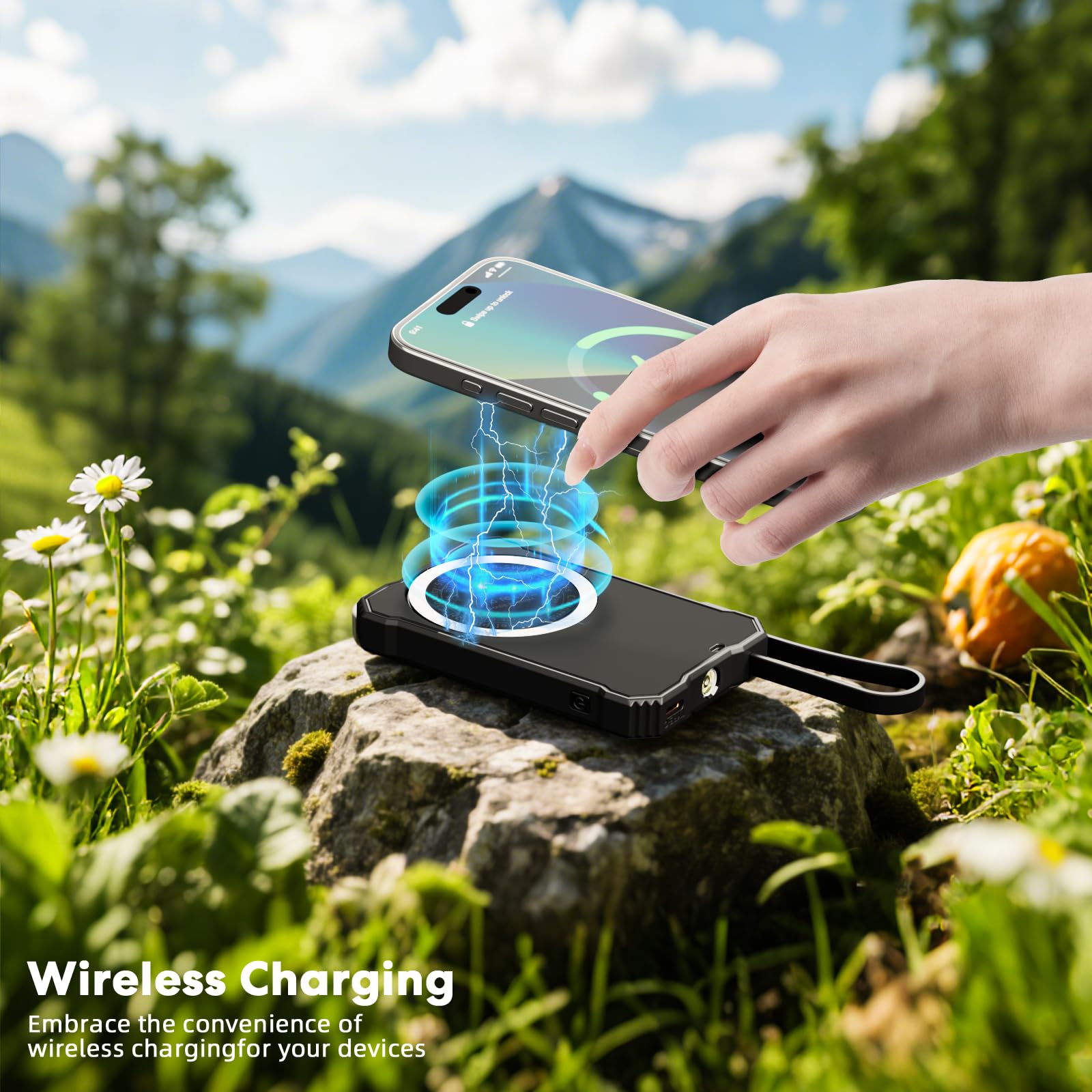 YELOMIN Caricatore solare Power Bank 5000 mAh con 4 pannelli pieghevoli e 2 cavi integrati, caricabatterie portatile wireless, batteria esterna esterna con USB-C/uscita e torcia SOS per campeggio