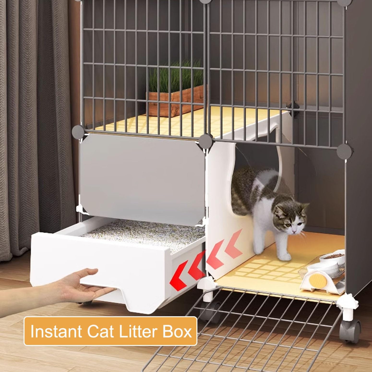 Enclos pour Chat Intérieur avec Balcon, Roulettes, Bac à Litière, Espace D'extension et Nettoyage Facile (75x39x89 cm)