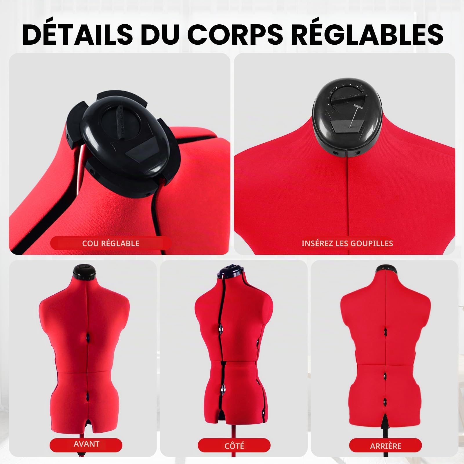 Mannequin de Couture réglable, Tailles 6 à 14. Buste Ajustable avec 13 roulettes, Corps épinglable, Base roulante Amovible et Hauteur réglable de 108 à 152 cm. Tailles S à M