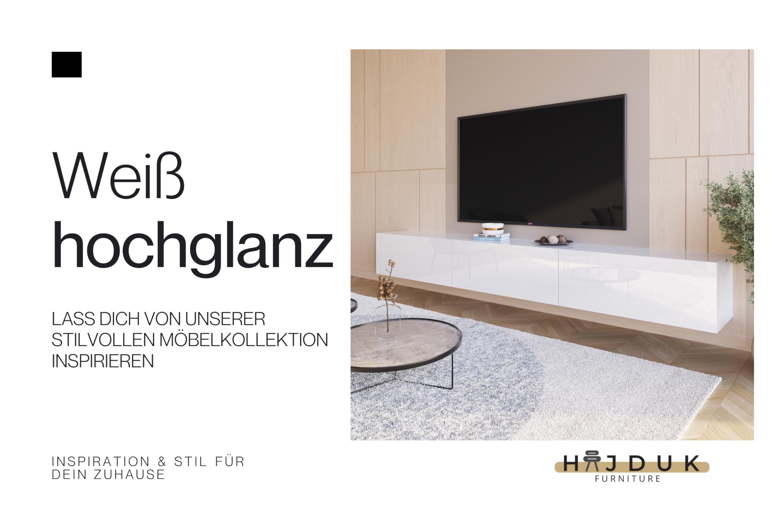 Lowboard Hängend Hochglanz Weiß 270 cm TV Unterschrank Push to Open Griffloses Fernsehtisch für Fernseher bis 85 Zoll Wohnzimmer 270x35x40 cm Wohnwand Modern
