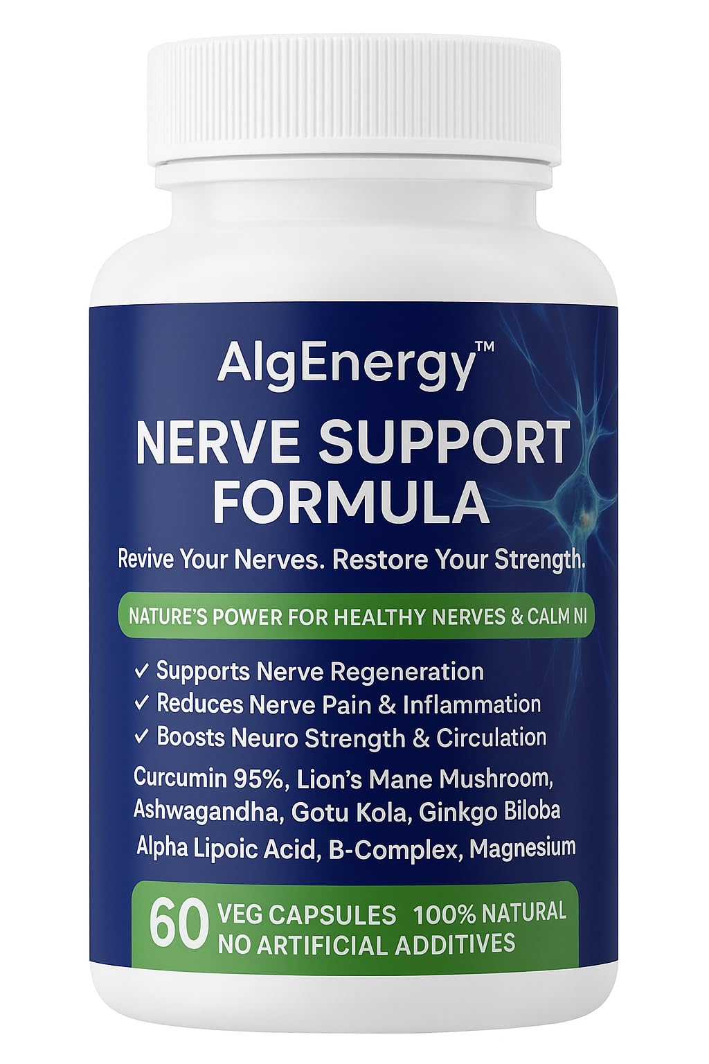 AlgEnergy™ Nerve Support Formula, 60 Veg Capsules, Natural Nerve Health Supplement with Curcumin, Lion's Mane, Ashwagandha, B-Complex, Magnesium for Nerve Regeneration and Pain Relief