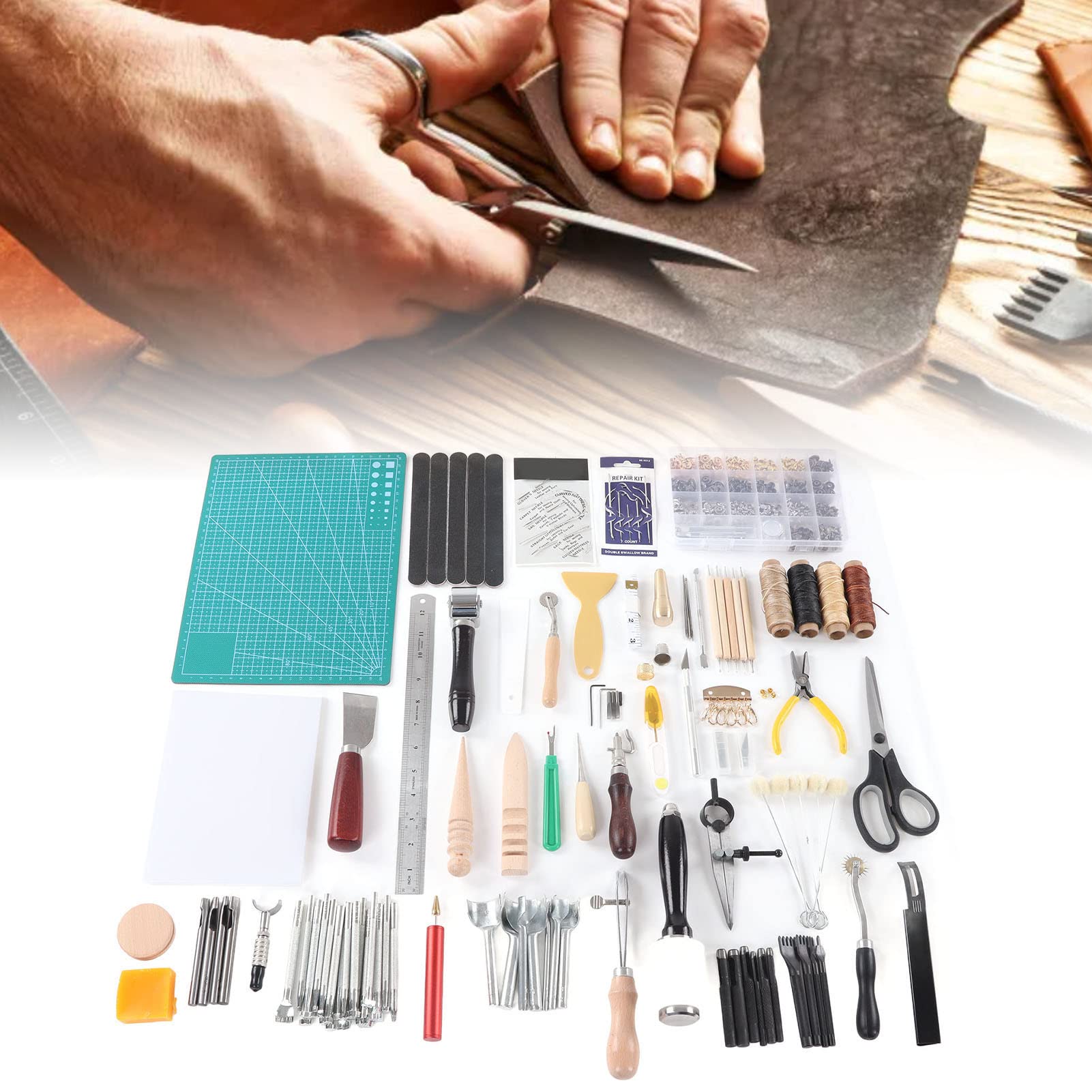 Kit Completo De Herramientas Para Trabajar Cuero, Juego De Reparación De Madera Y Acero Inoxidable Para Ropa Y Muebles, Incluye 4 Rollos De Hilo Encerado Para Proyectos De Bricolaje Y Manualida