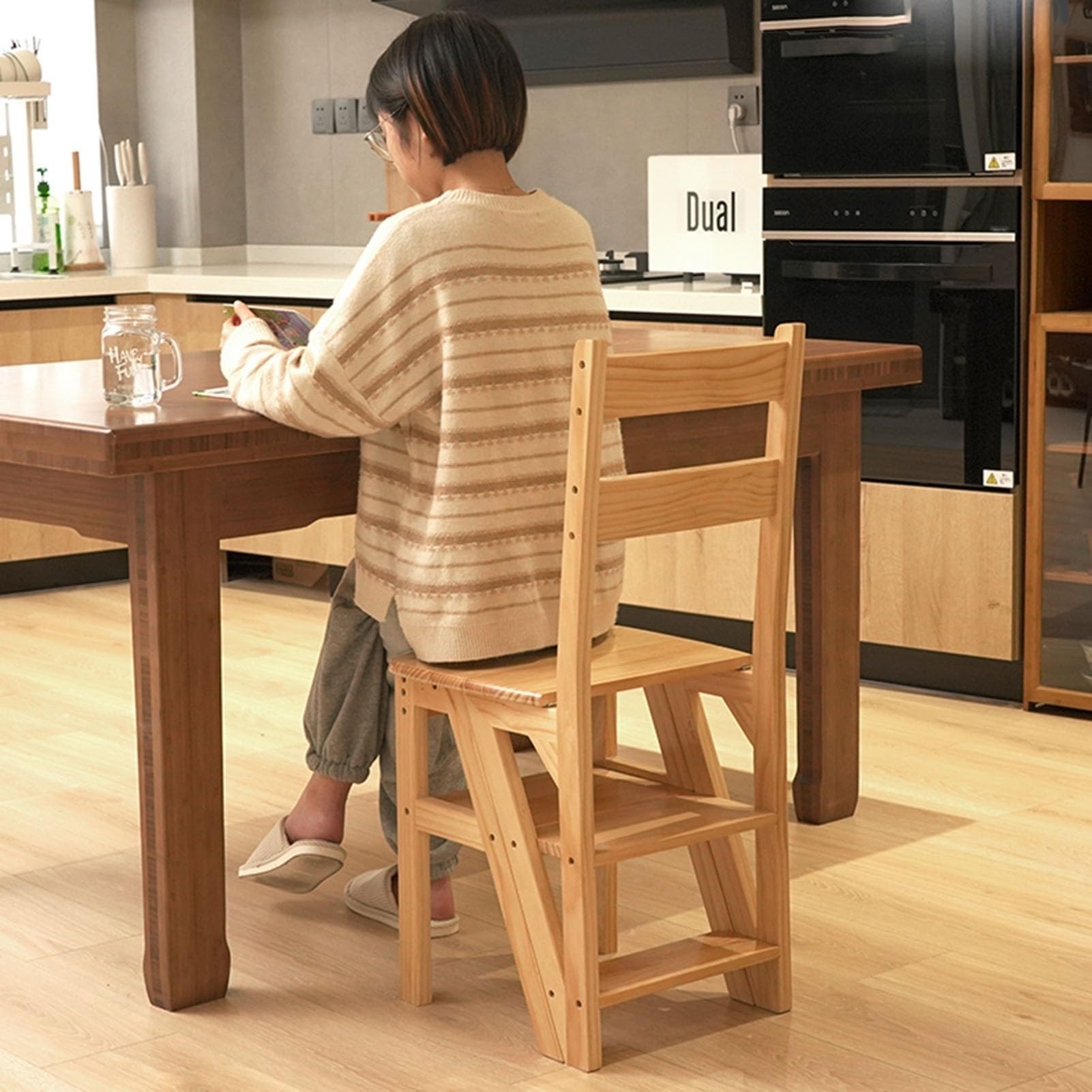 4-stufiger klappbarer Trittleiter Stuhl, wandelbarer Tritthocker aus Holz, 2-in-1-Bibliotheksleiter und -Sitz, klappbar, Mehrzweck für Zuhause, Küche, Büro, Wohnzimmer (Holz, 39 * 46 * 90cm)