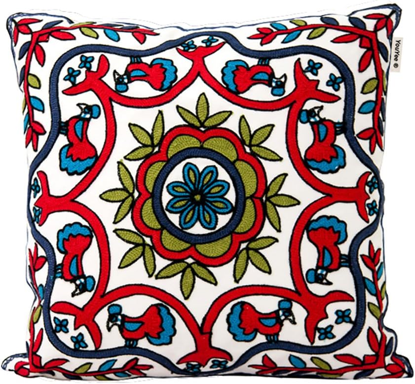 VOGOL Bohemian Floral Embroidery Cushion Cover - 18x18 Inch Square Pillow Case