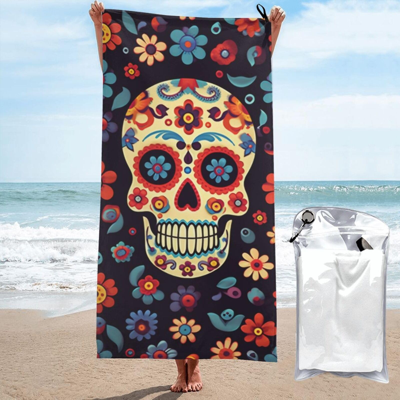 XKBFKLKMC Soft Beach Towel Sugar Skulls - Extra Large 160x80cm Microfiber Beach Towels,Quick Dry,Super Absorbent,Sand Free,Lightweight,Perfect For Travel,Swimming,Camping,Yoga
