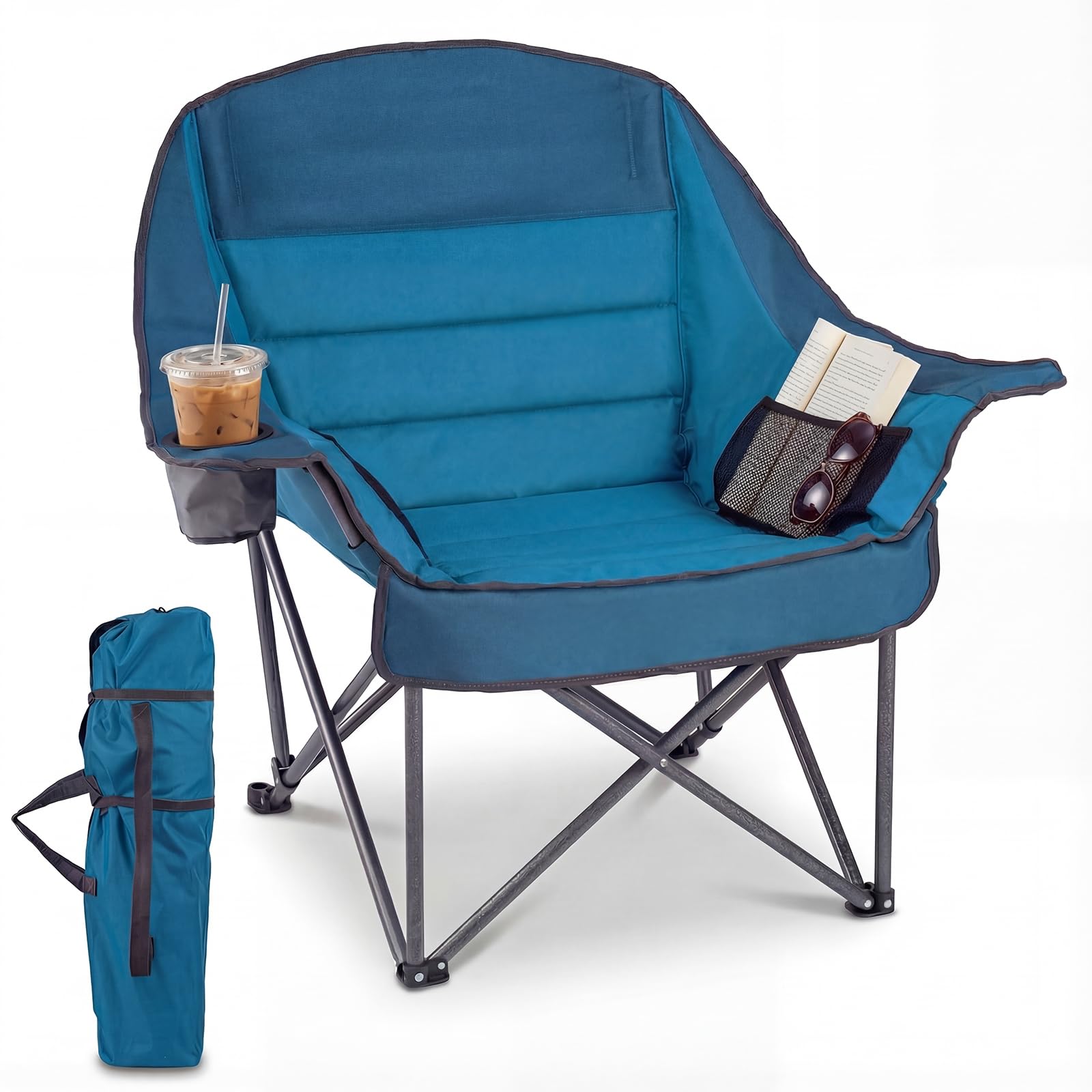 COSTWAY Oversized Folding Camping Chair, Padded Oxford Chair with Cup Holder, Side Pocket & Carry Bag, Heavy-Duty 225KG Metal Frame Portable Lawn Chair for Outdoor, Beach, Fishing, Garden (Blue)