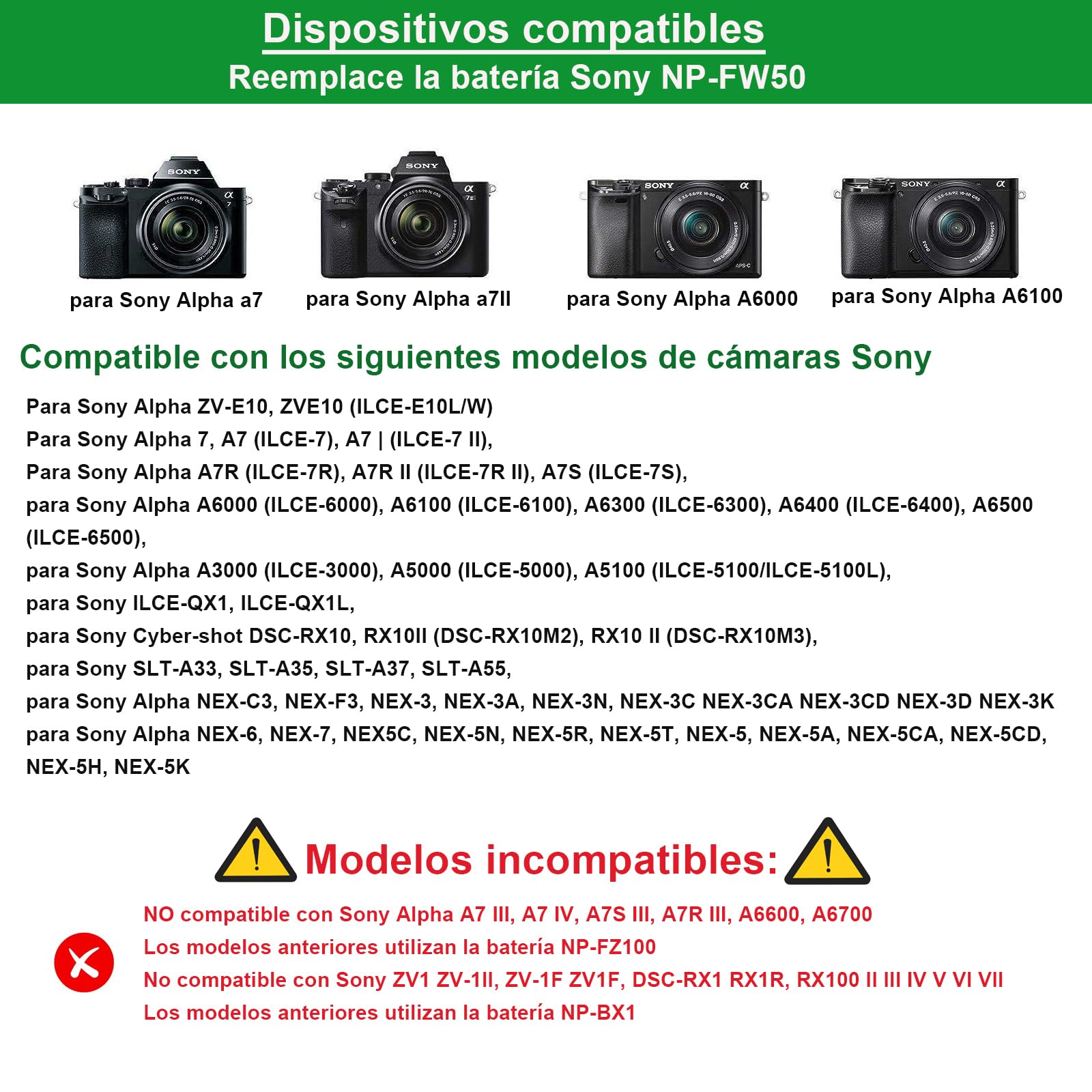 AC-PW20 Adaptador de alimentación de CA NP-FW50 Kit de batería ficticia para Sony Alpha ZV-E10 A7 A7R A7S A7II A7RII A7SII A6500 A6400 A6300 A6100 A6000 A5100 A5000 RX10 II III IV NEX-3 NEX-5