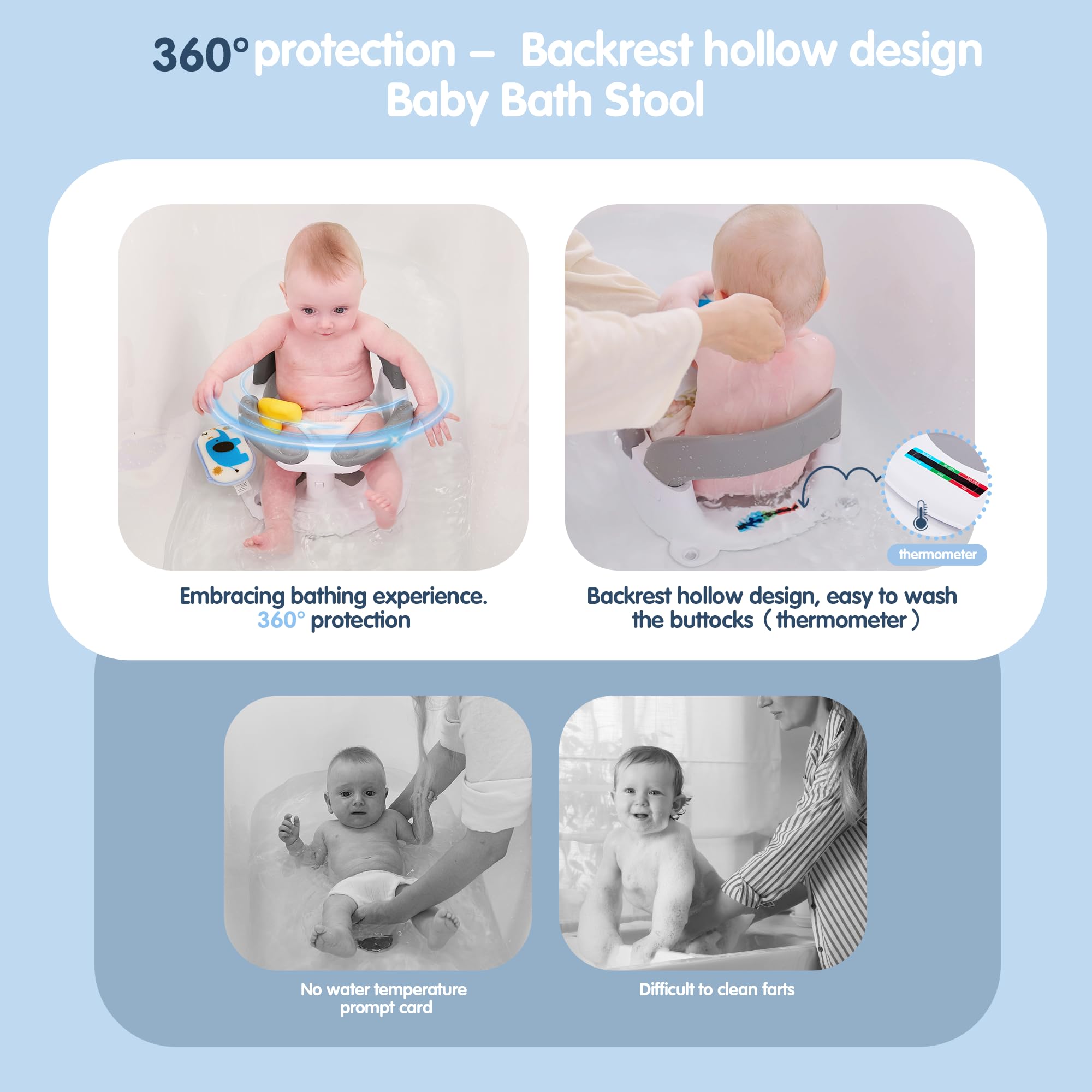 babove Siège de bain pour bébés de 6 mois et plus avec thermomètre autocollant, bouton One-Touch pour une ouverture facile de l'accoudoir, chaise de bain pour bébé (gris)