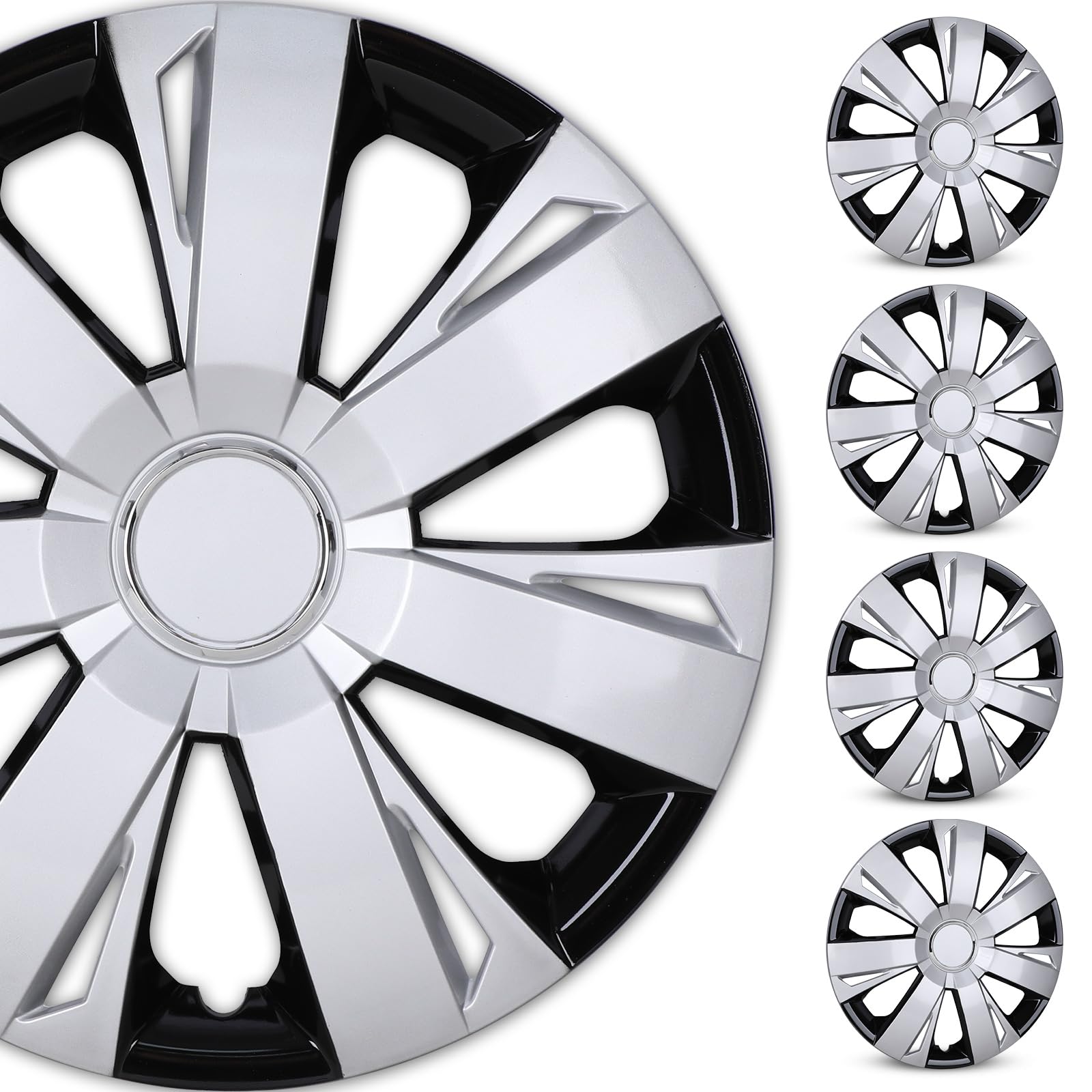 WOLFSTORM 4-Pack 15 Inches Wheel Cover Hubcaps,Special Design Fashion Replacement Hubcaps,Car Truck SUV Wheel Hub Accessories- Silver&Black