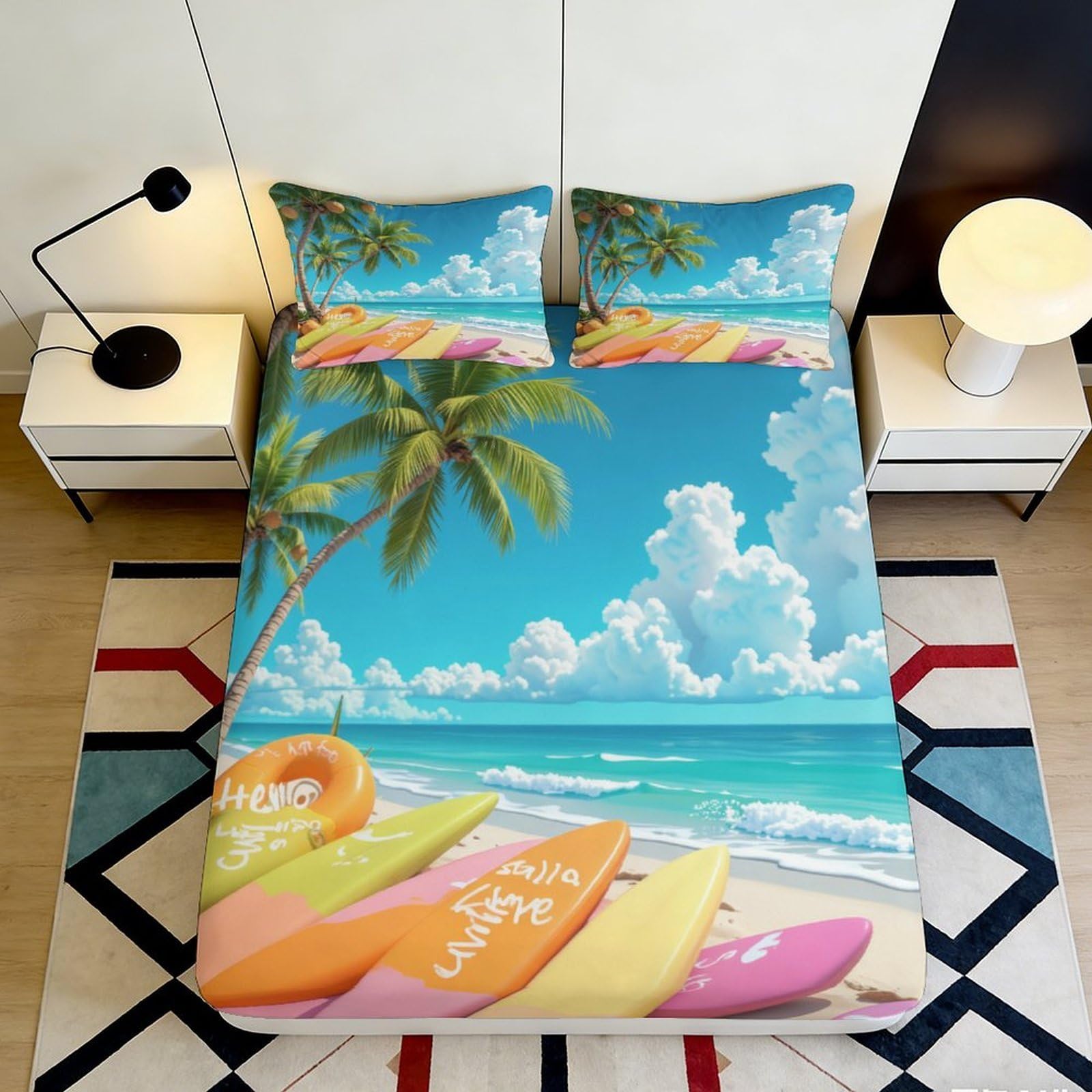 3D Printed Beach Palm Fitted Sheet Microfiber Soft Surfboard Mattress Cover for Bedroom Guest Room Decor 90x200x25cm