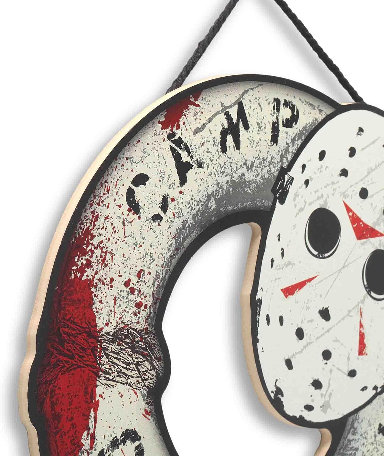 Open Road Brands Friday the 13th Horror Movie Wreath Hanging Wood Wall Decor - Scary Jason Mask Sign for Halloween Decorating