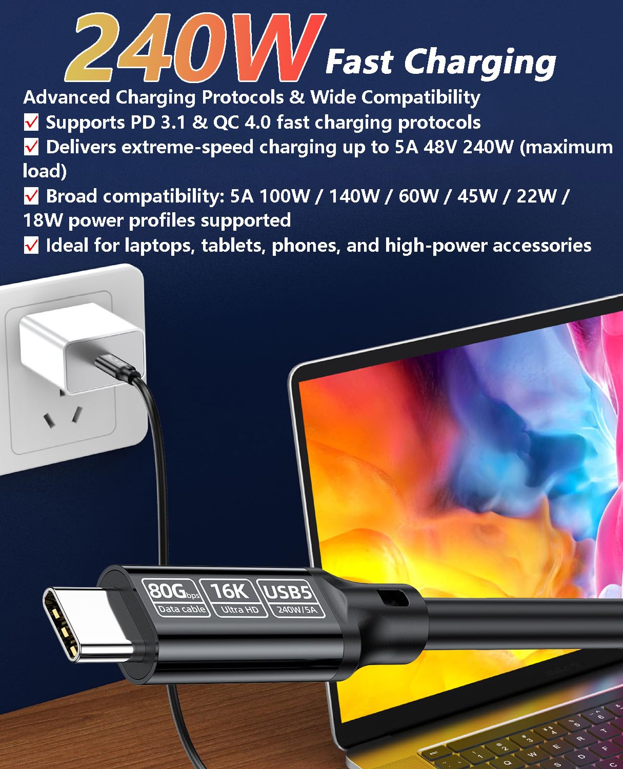Cavo di ricarica rapida da USB C a USB C, 240 W, 2 m, USB 5 80 Gbps ad alta velocità, video HD 16K, nylon intrecciato, cavo di tipo C da maschio a maschio per laptop, smartphone, monitor (nero