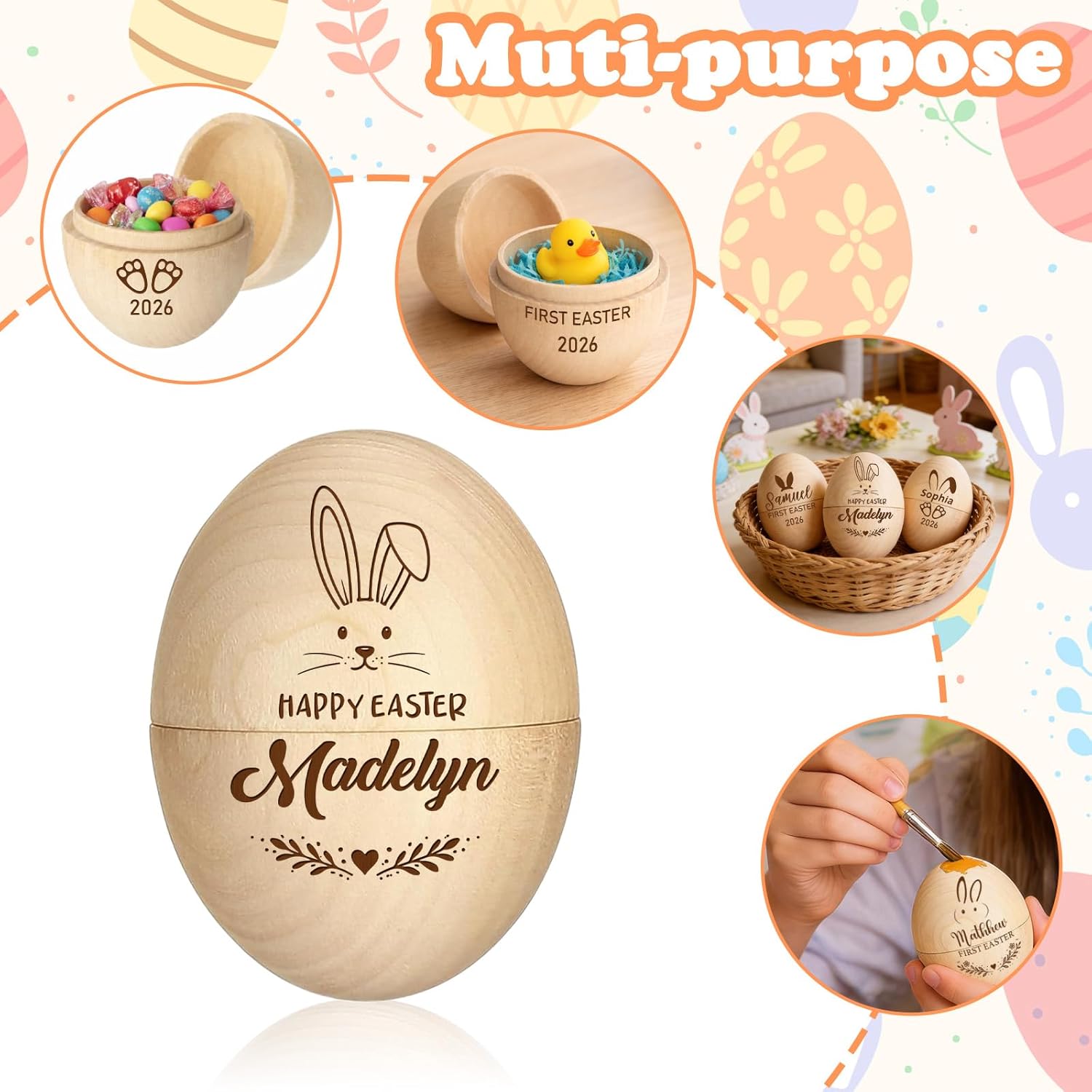 Personalized Fillable Easter Eggs Custom Bunny Rabbit Pattern Wooden Easter Egg with Name Baby's First Easter Gifts Basket Stuffer for Boys Girls Home Decor