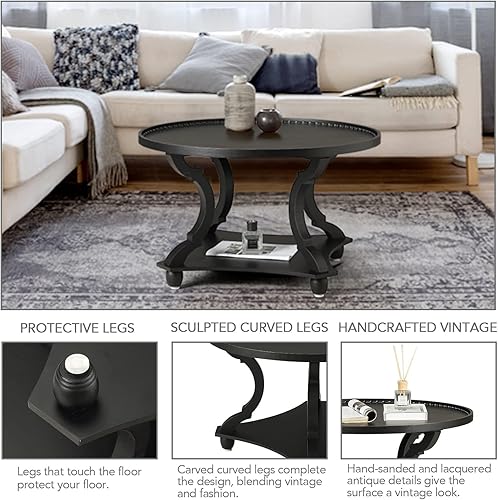 Miniatura 4 de Wnutrees Mesa de centro redonda de granja, bandeja de madera con estante de almacenamiento, estilo rústico para sala de estar y acabado vintage,