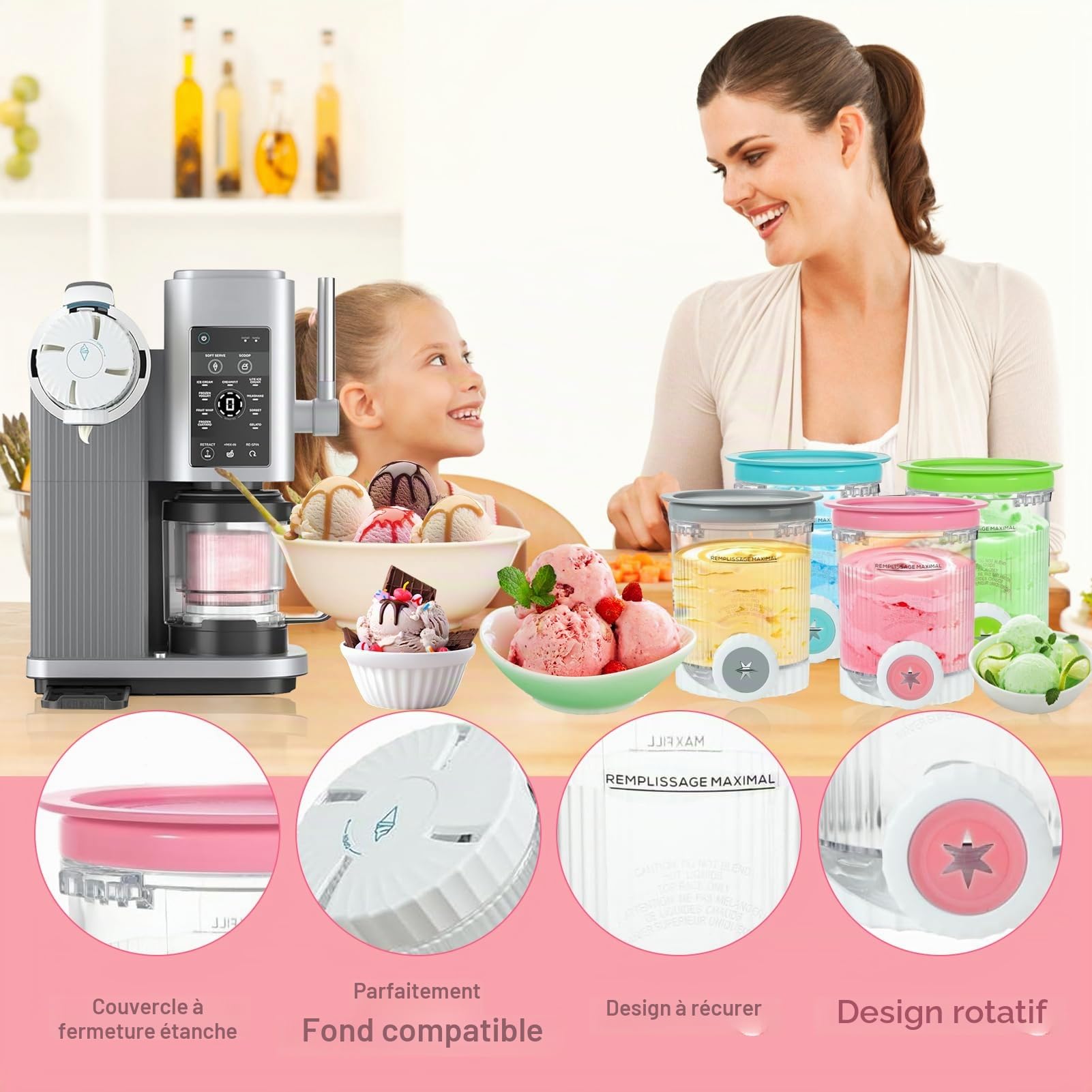 Récipients à pinte de rechange pour machines à crème glacée Ninja Swirl NC700UK - Passe au lave-vaisselle - 473,6 g - Bleu + rose + vert + gris