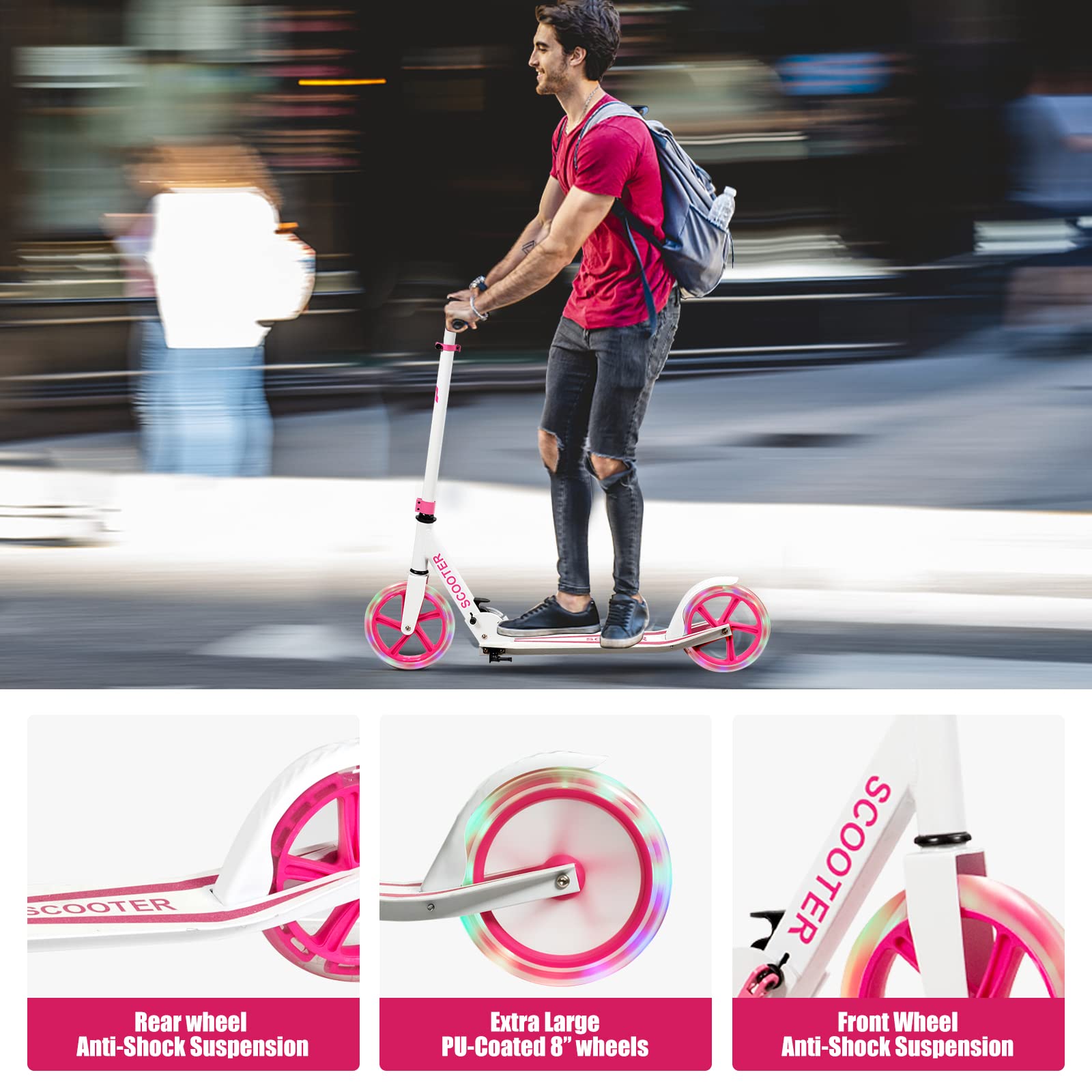 KOMFOTTEU Monopattino Pieghevole per Bambini e Adulti Fino a 110kg, Manopattino a 2 Ruote Luminose con Freno, Scooter per Bambini con Manubrio Regolabile e Cinghia di Trasporto