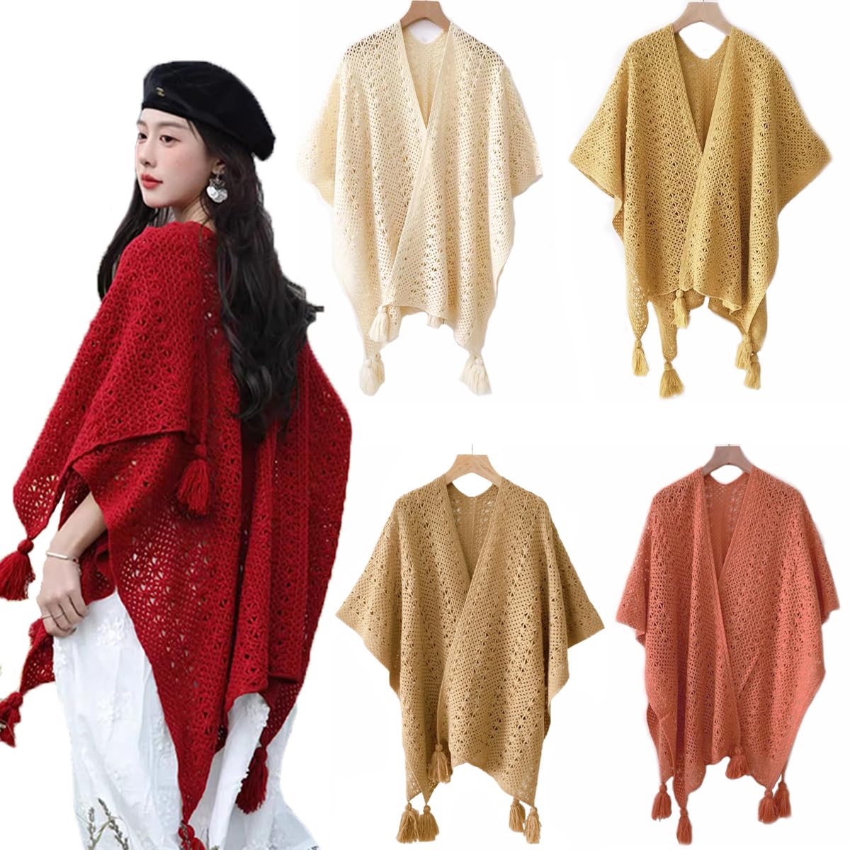 Damen Poncho Cape Mit Fransen – Gestrickt, Eleganter Wickel-Schal Für Herbst